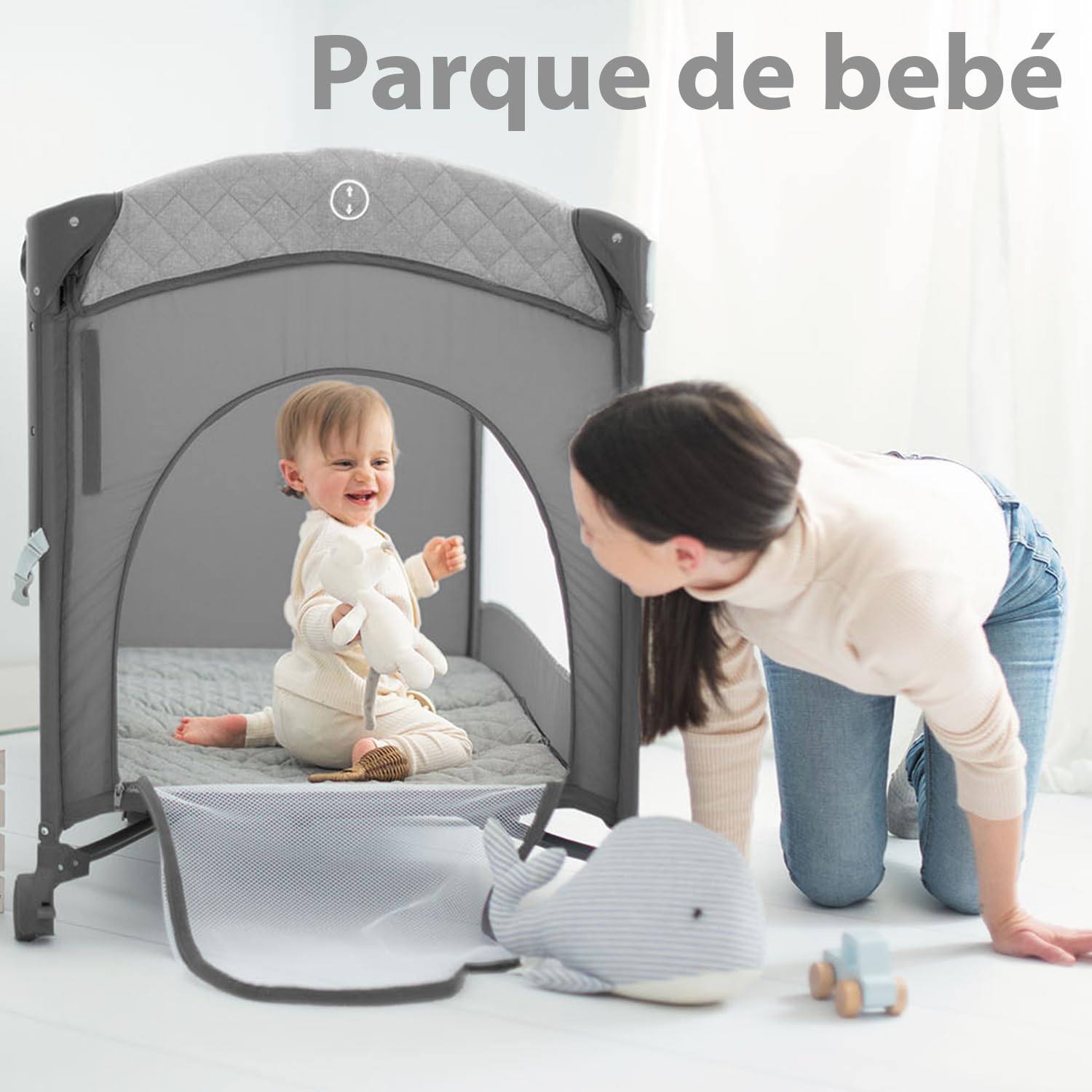 Olmitos - Cuna colecho de Viaje, Parque Infantil y Cuna clásica 3 en 1 - Plegable 2 Alturas con Buena circulación de Aire – Entrada Lateral y Ruedas con Freno - Incluye Bolsa Viaje (Gris)