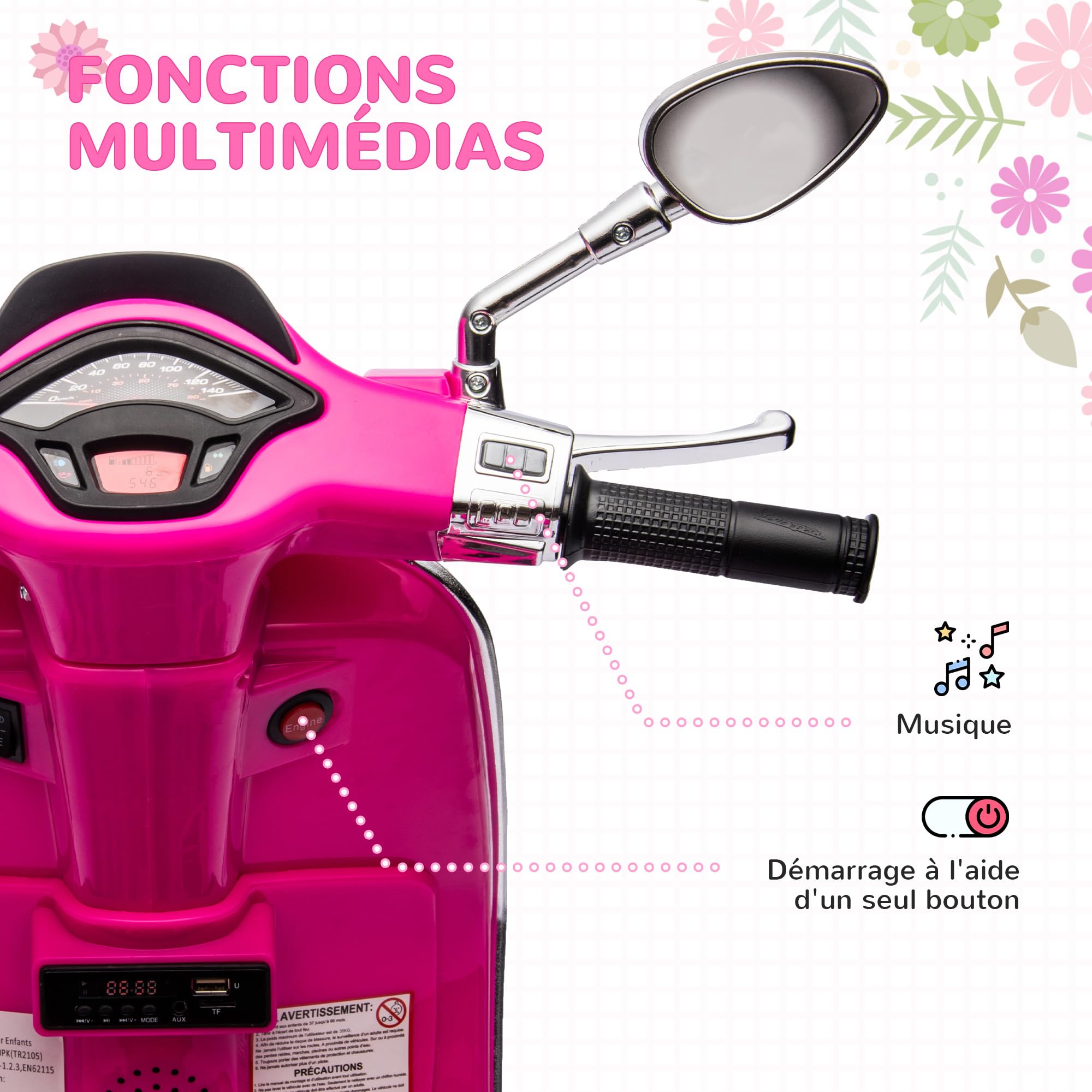 AIYAPLAY Scooter électrique Enfant Vespa 6 V Moto électrique pour Enfants 3-6 Ans dim. 107L x 47l x 73H cm Musique MP3 Port USB Radio FM Phare 2 Roues d'entraînement - Rose