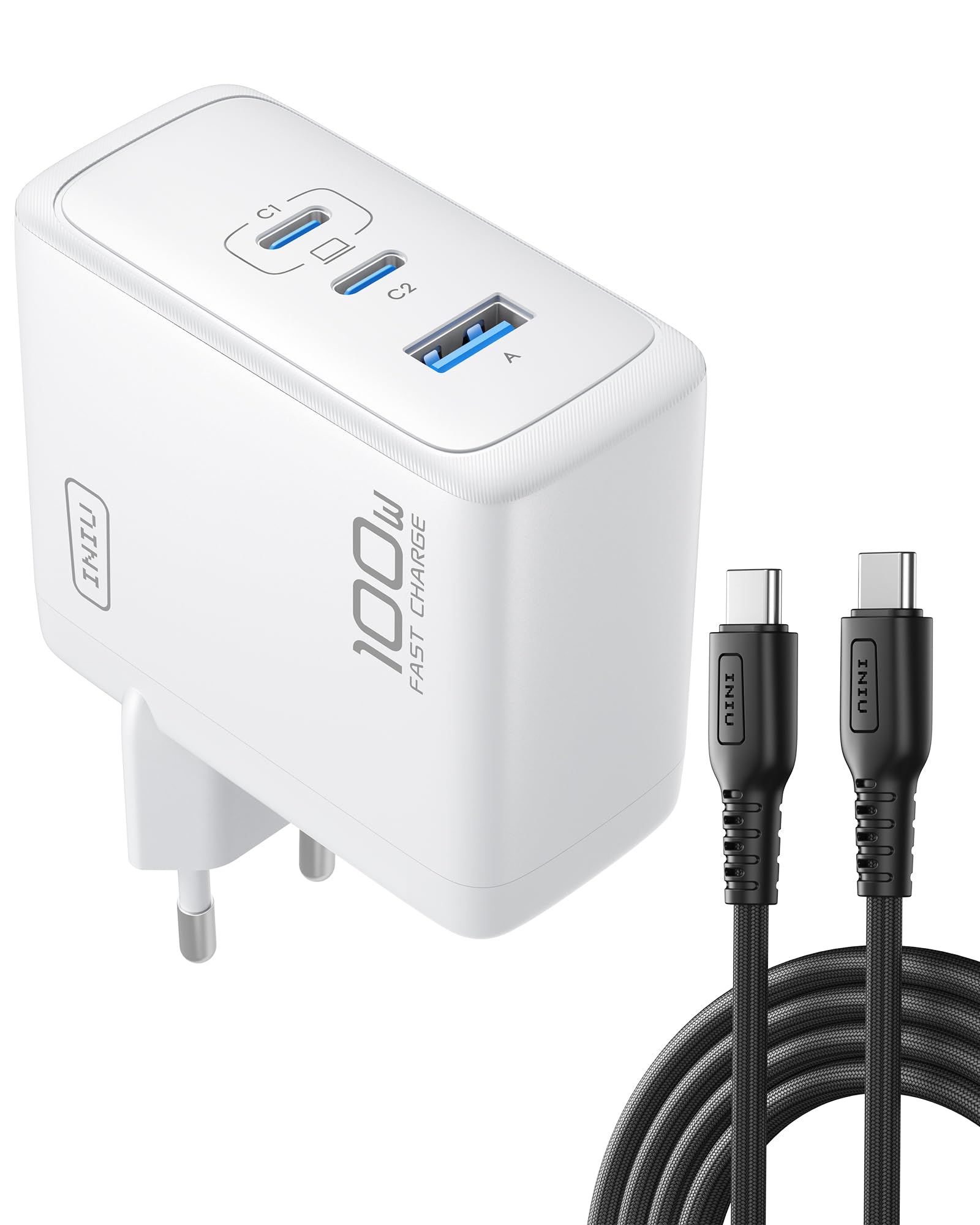 INIU Caricatore USB C da 100 W, GaN a 3 porte, con cavo USB C, PD 3.0, alimentatore multiplo per MacBook iPad Pro Air, iPhone 16 15 14 Pro Max Plus, Galaxy S25 S24 Ultra, Steam Deck, Google ecc