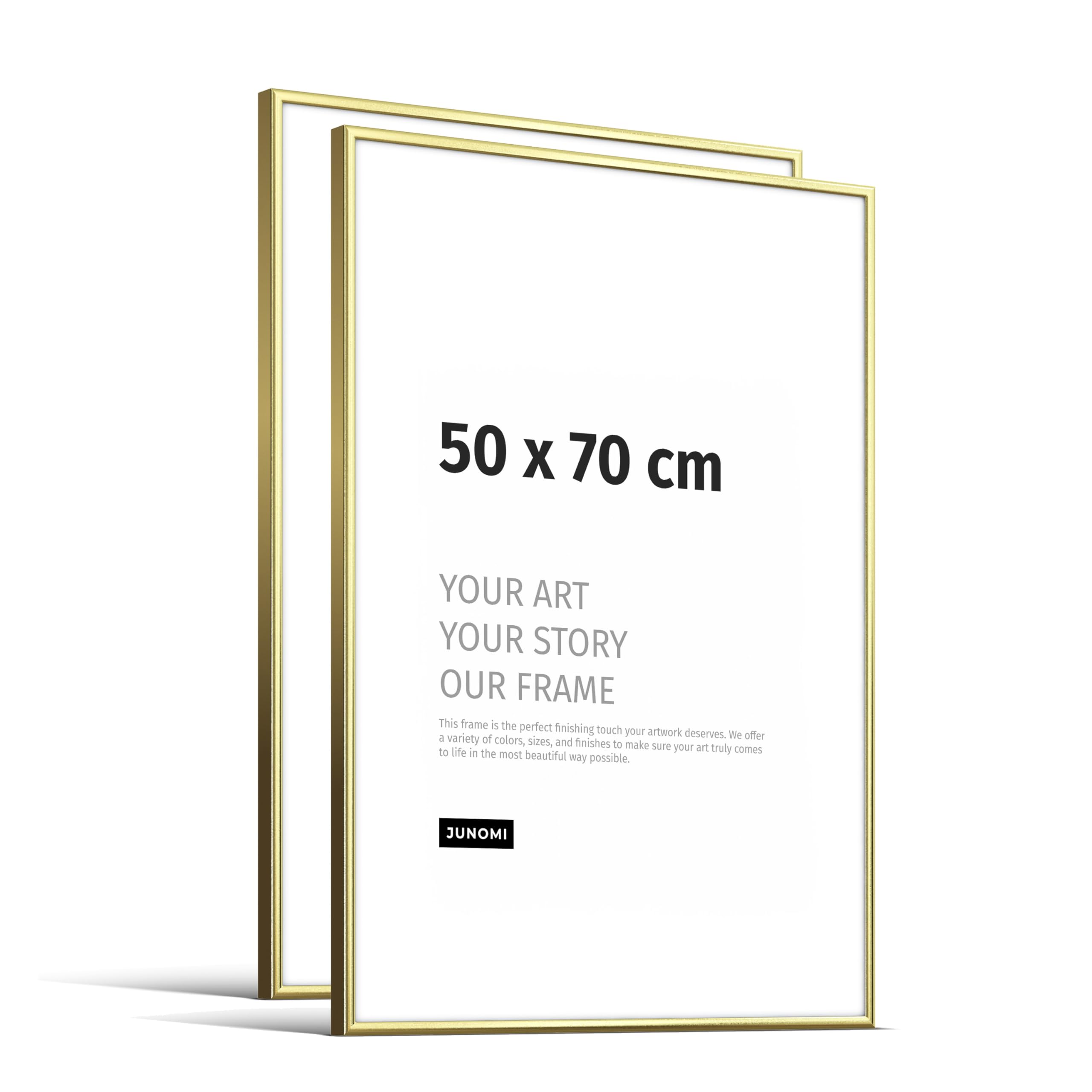 JUNOMI® 2 marcos de fotos de 50 x 70 cm, aluminio, color dorado (brillante), decoración de pared de metal con cristal acrílico irrompible, marco de fotos de metal