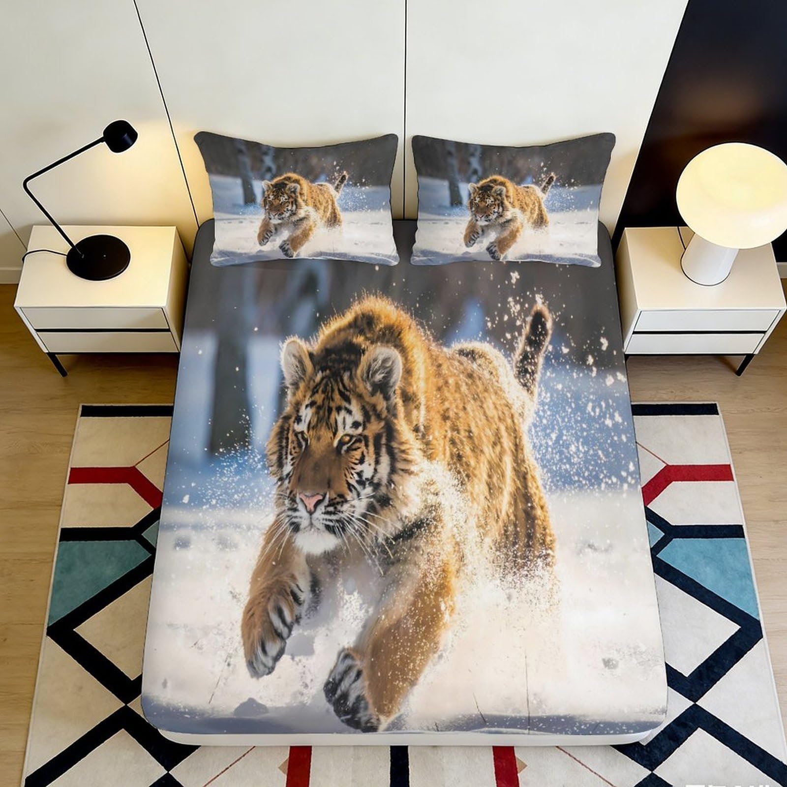 3D Printed Snow Tiger Fitted Sheet Microfiber Soft Anti-Slip Animal Pattern Mattress Cover for Bedroom Dorm Home Decor 160x200x25cm