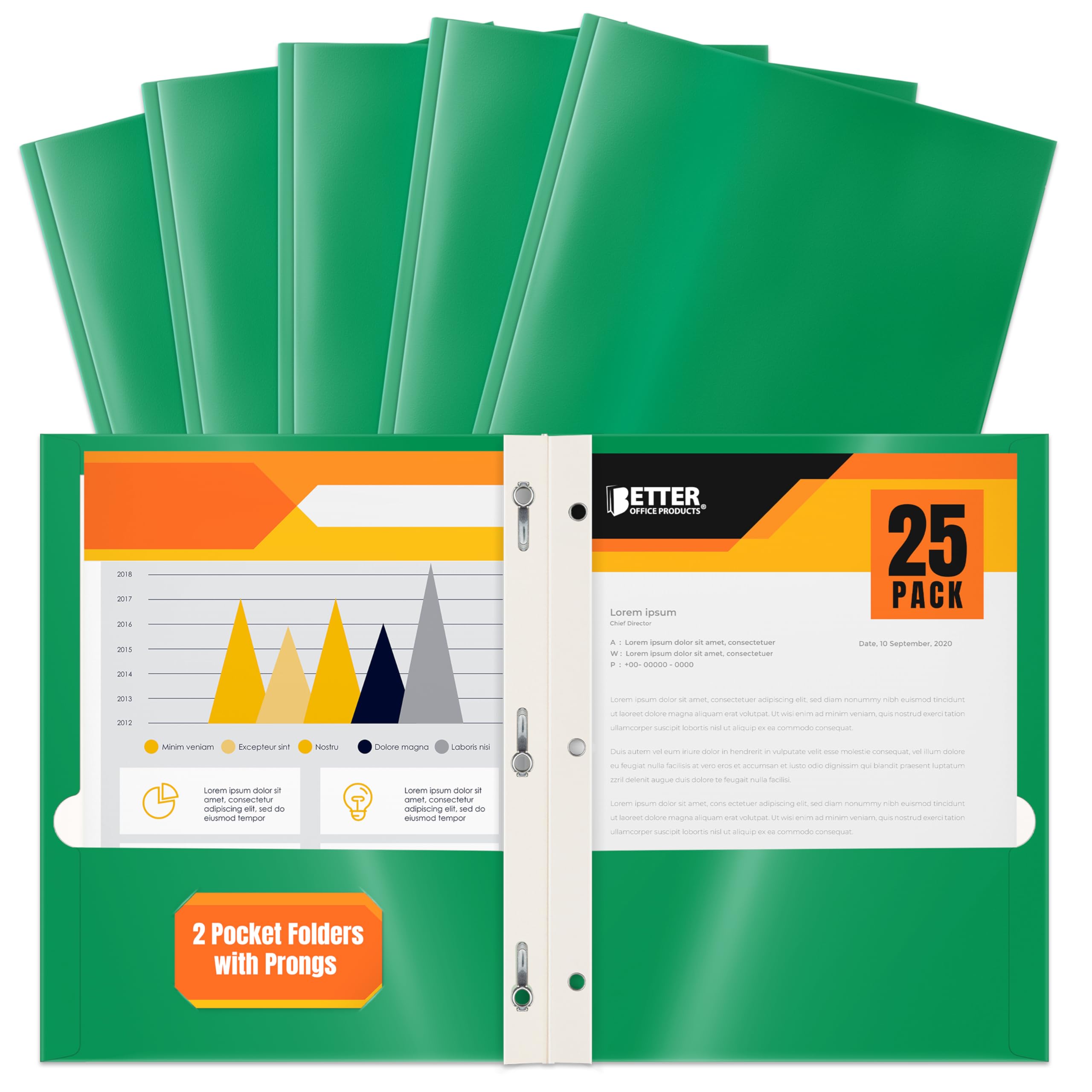 Better Office Products 25-Pack Glossy Green 8.5 x 11-Inch File Folders with 3 Metal Prongs, Letter Size