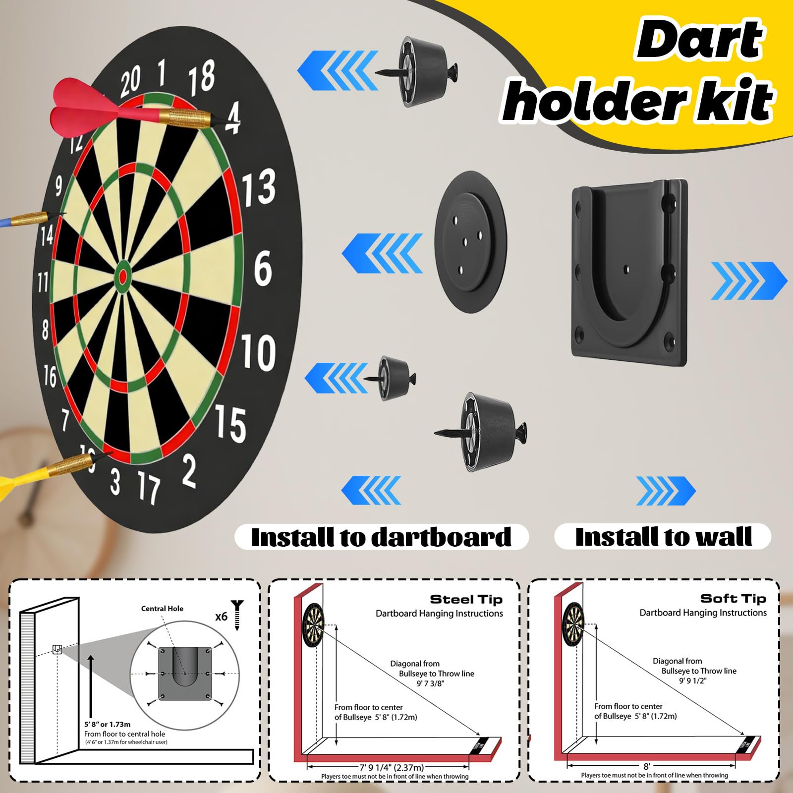 WiDream Support de Cible de fléchettes à Suspendre Professionnel, Kit de Fixation Murale Crochets Supports de Suspension en U pour Cible de Fléchette Accessoires, Comprenant des Vis Un Mètre Ruban
