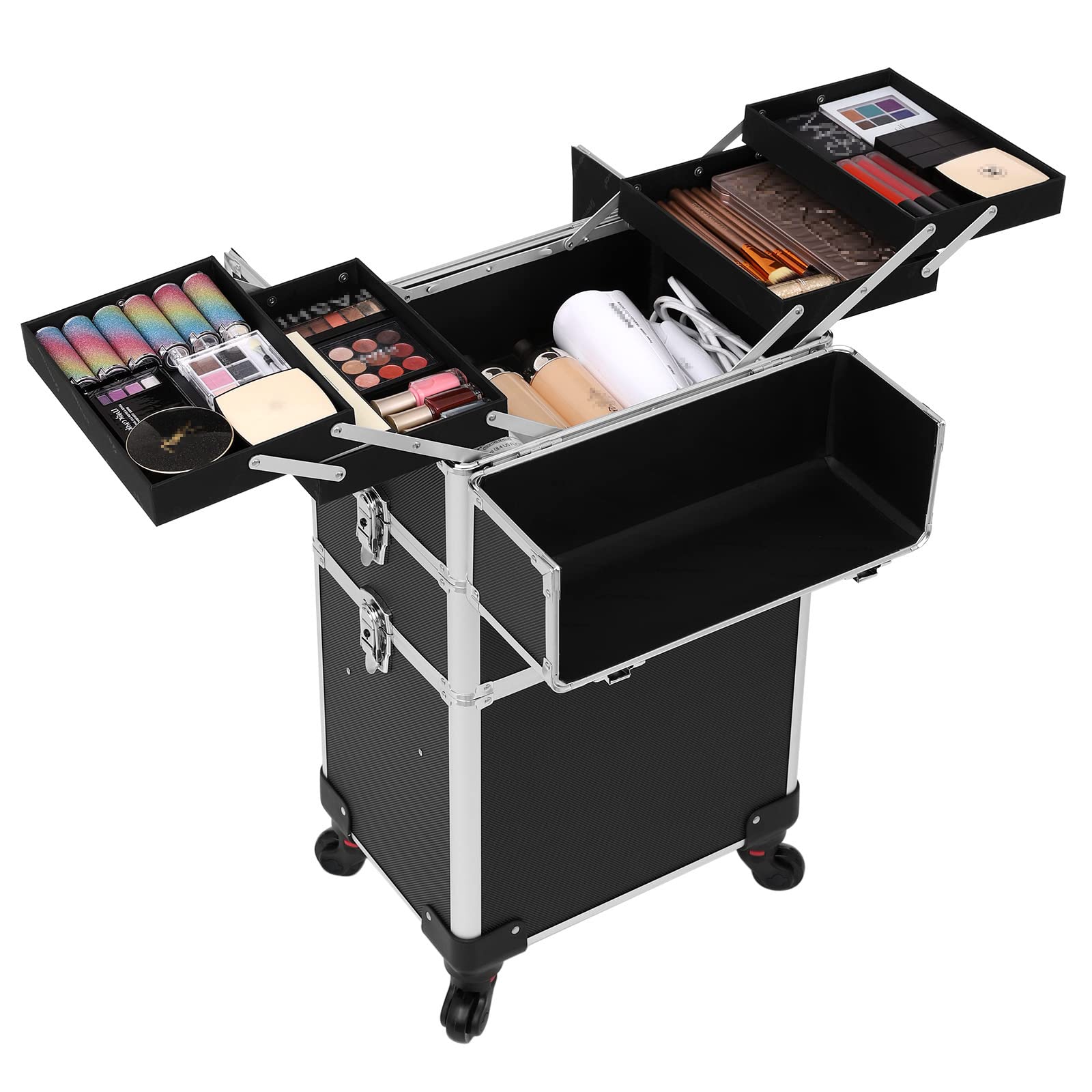 SONGMICS Maleta de Maquillaje Profesional, Maletín para Cosméticos 3 en 1, Extra Grande, Maletín de Peluquería, 35 x 25 x 69,8 cm, Con Cerradura, Ruedas 360°, para Viaje, Regalo Ideal, Negro JHZ01B