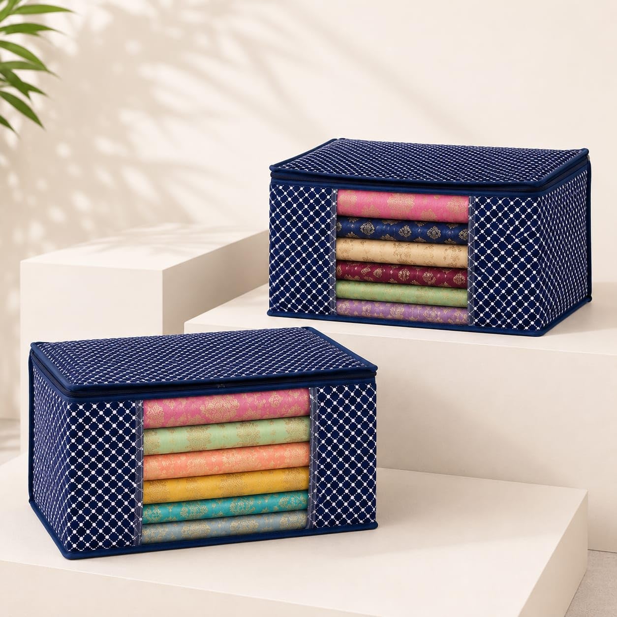 Cotton Quilted Saree Covers Set of 2 | Saree Cover for Storage | Cotton saree cover with Zip Transparent Window | Foldable Saree Covers & Wardrobe Organizer for Sarees & Dresses| Navy Blue-picture-33