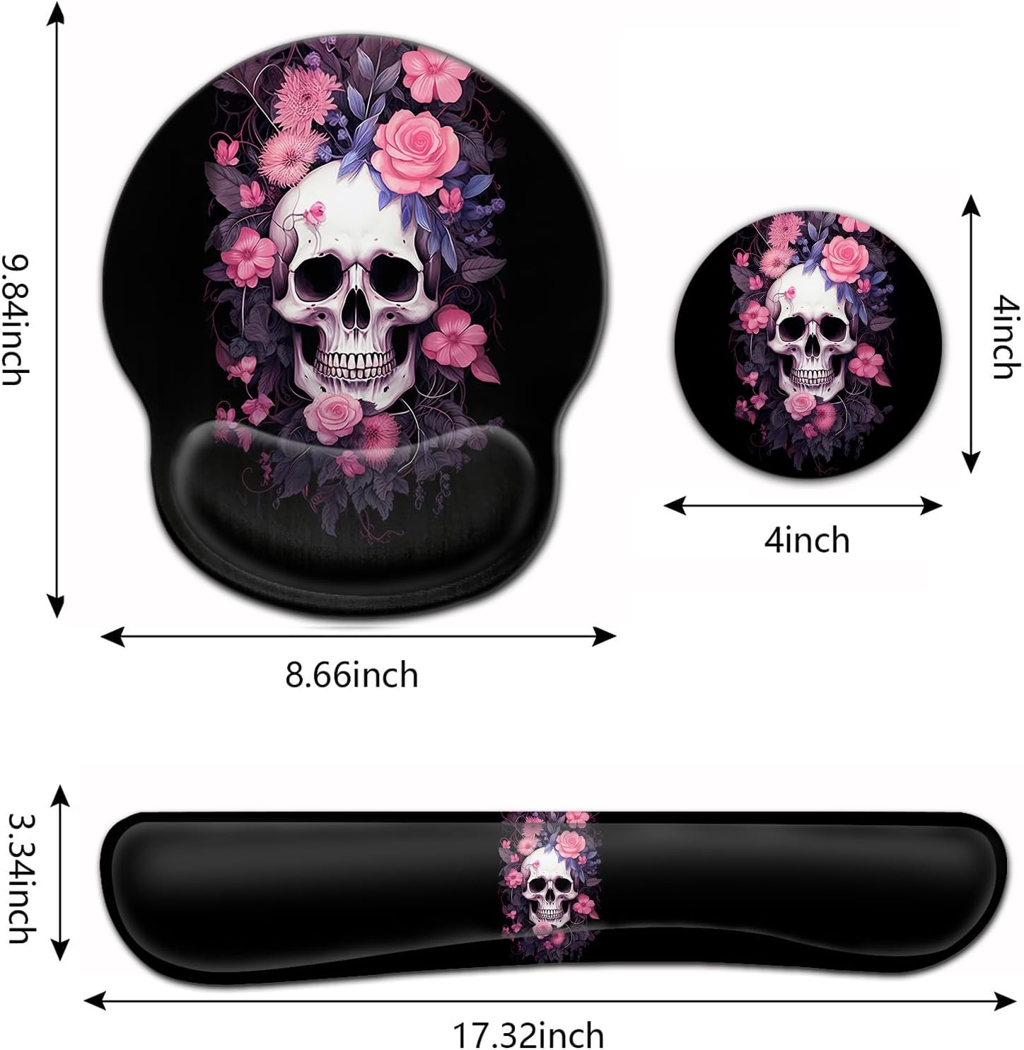 Ergonomic Gaming Mouse Pad Wrist Support and Memory Foam Keyboard Wrist Rest with Anti-Slip Base for Home Office Computer Desk Pad, Gel Black Mouse Pad, Funy Skulls and Pink Flowers Desk Mat