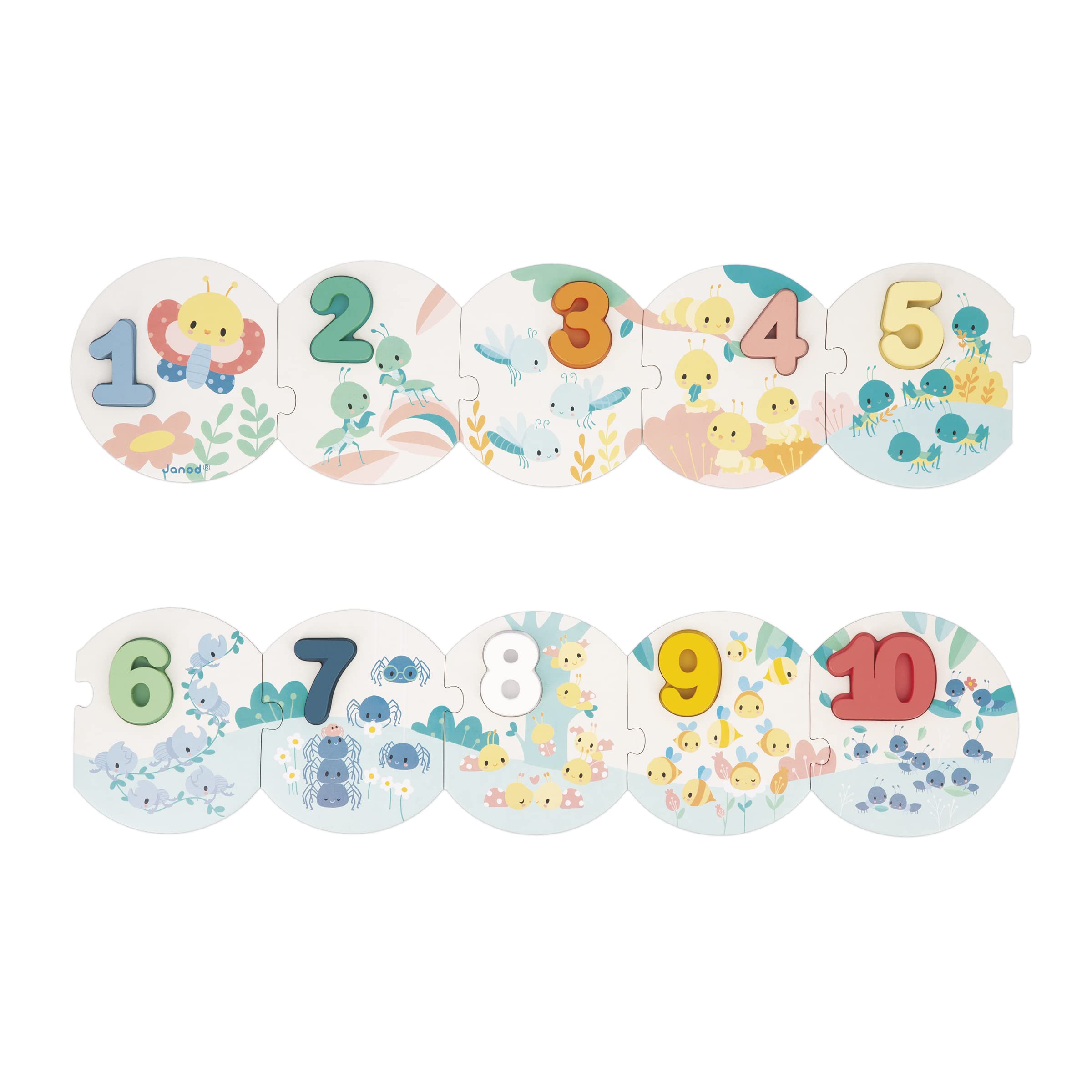 Janod - Pure My First Numbers Puzzle - 10-Piece Puzzle + 10 Wooden Numbers - Learn to Count - Early-Learning Toy - 24 Months +, J08042