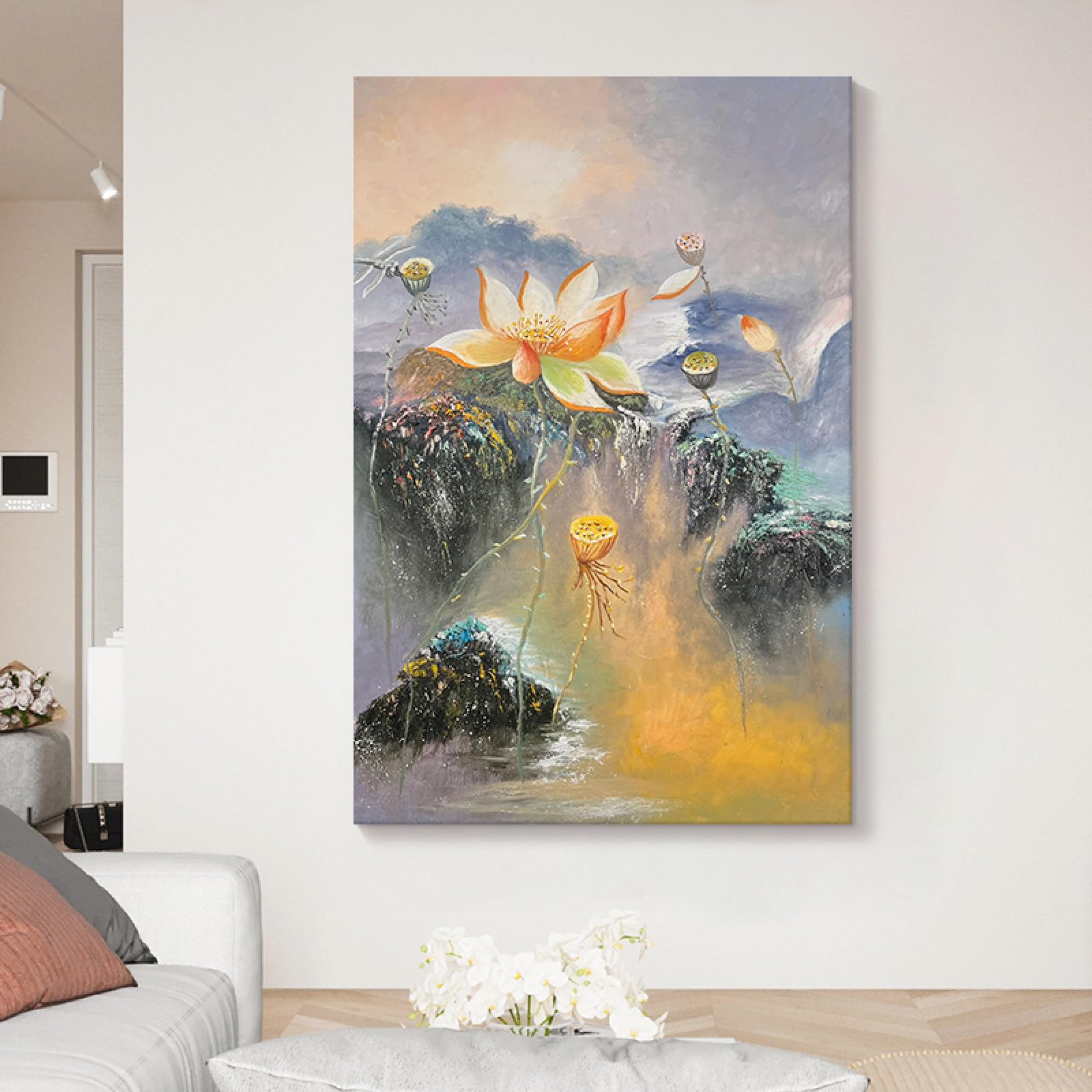 Peinture à l'huile peinte à la main grand format texture montagne de lotus pour salon chic