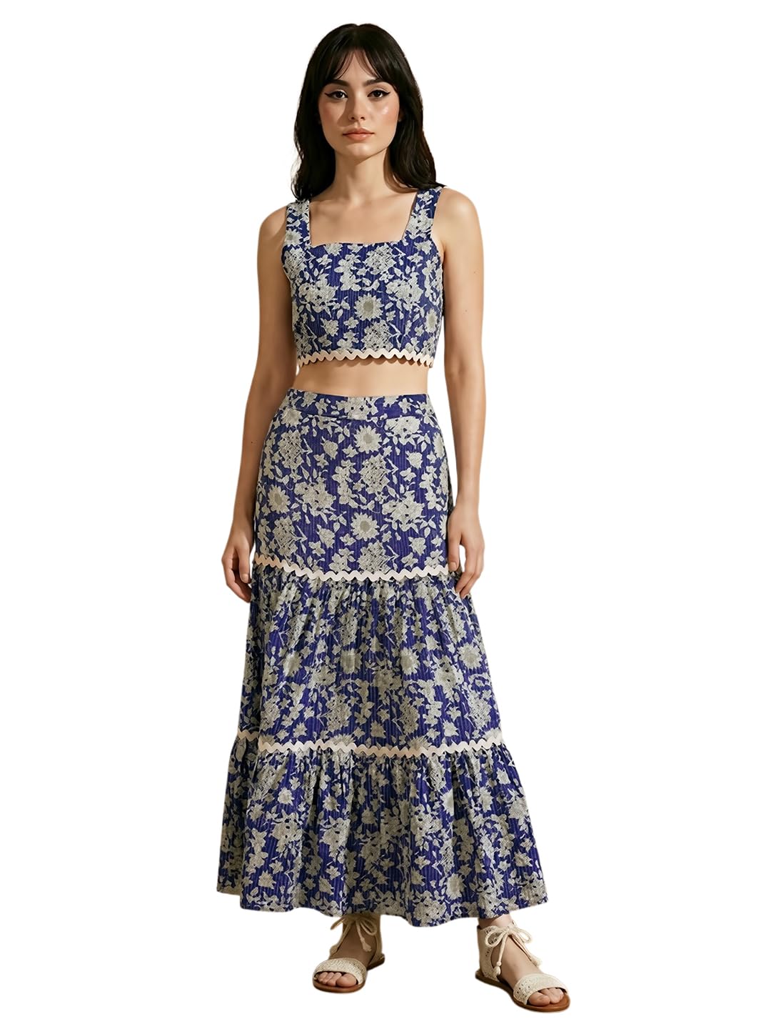 globus Women Floral Print Square Neck Lace Insert Crop Top with Tiered Maxi Skirt Ethnic Co-Ord Set-picture-51