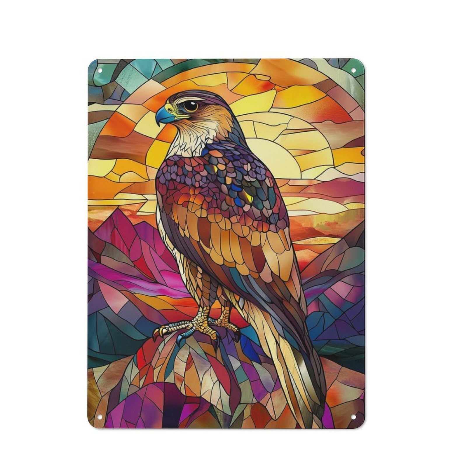 Stained Glass Falcon Vintage Metal Wall Decor 40x30cm, Vintage Tin Sign for Bakery, Diner, Cafe Or Family Room