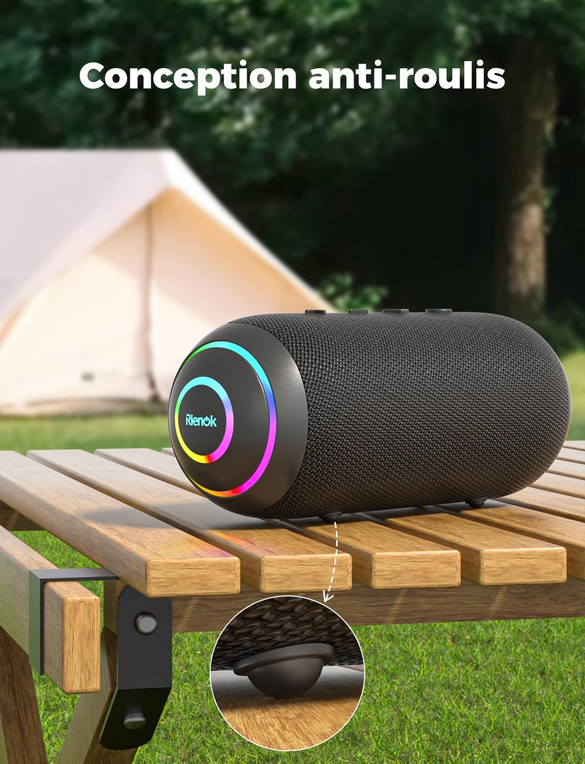 Superiore view of RIENOK S4 Max speaker showing control buttons: Power, Volume Down/Previous, Play/Pause/Call, Volume Up/Next, Mode.