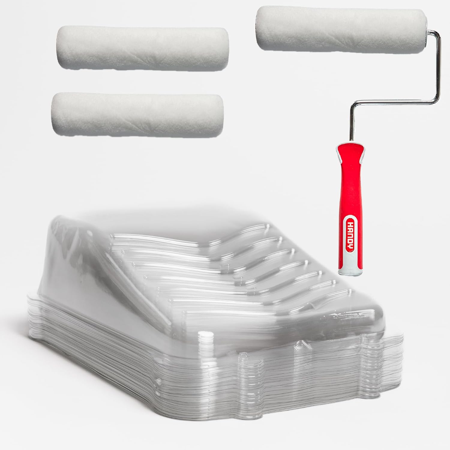 Handy Products Deep Well Tray Liners – 36-Pack + 9" Roller Frame & 3 Roller Covers | Heavy-Duty Paint Tray Inserts for Easy Cleanup | Compatible with Handy Paint Trays | Painting Supplies Kit