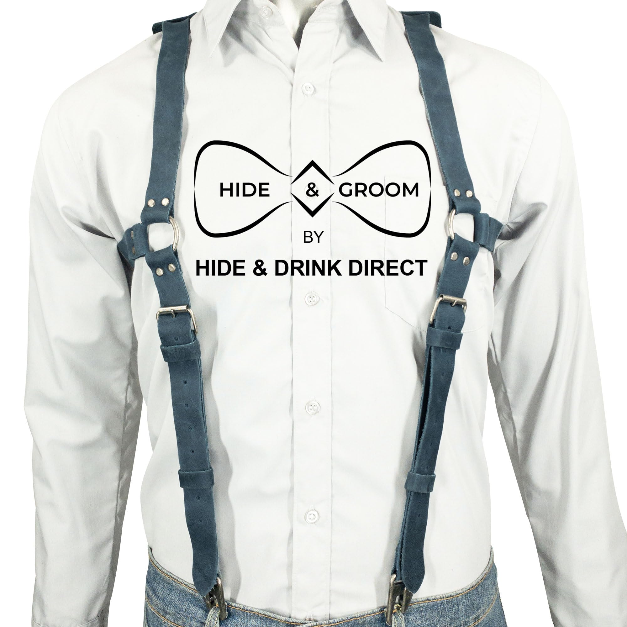 Hide & Groom, Leather Renaissance Suspenders, Vintage Men's Back Support Harness, Metal Hooks for Men, Steampunk, Handmade, Slate Blue