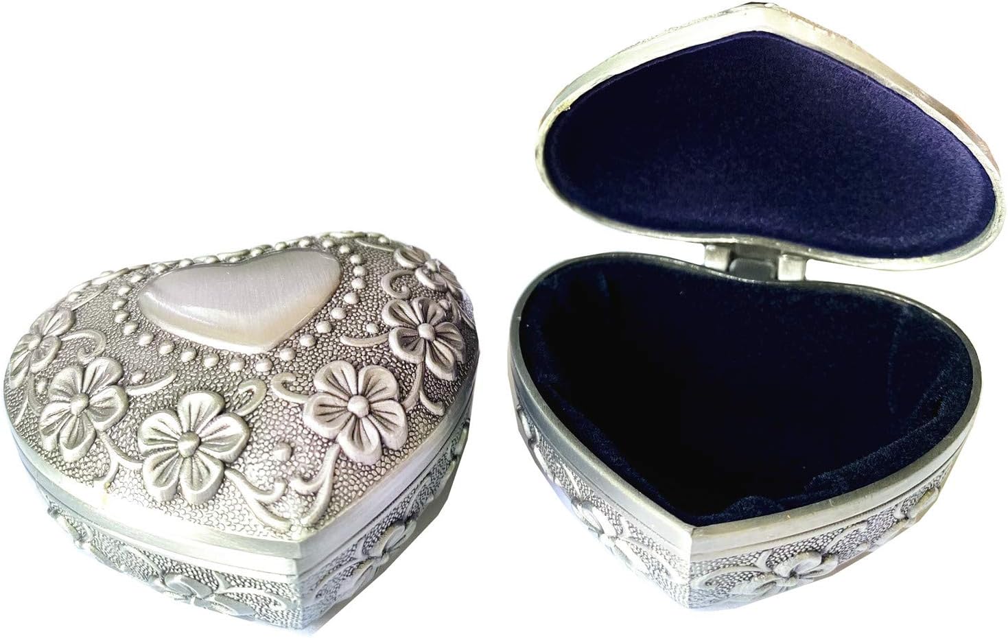 TANG SONGTANG SONG 2 Packs Small Metal Heart Shape Jewelry Box Classic Vintage Antique Ring Box Trinket Storage Organizer Chest (Silver)
