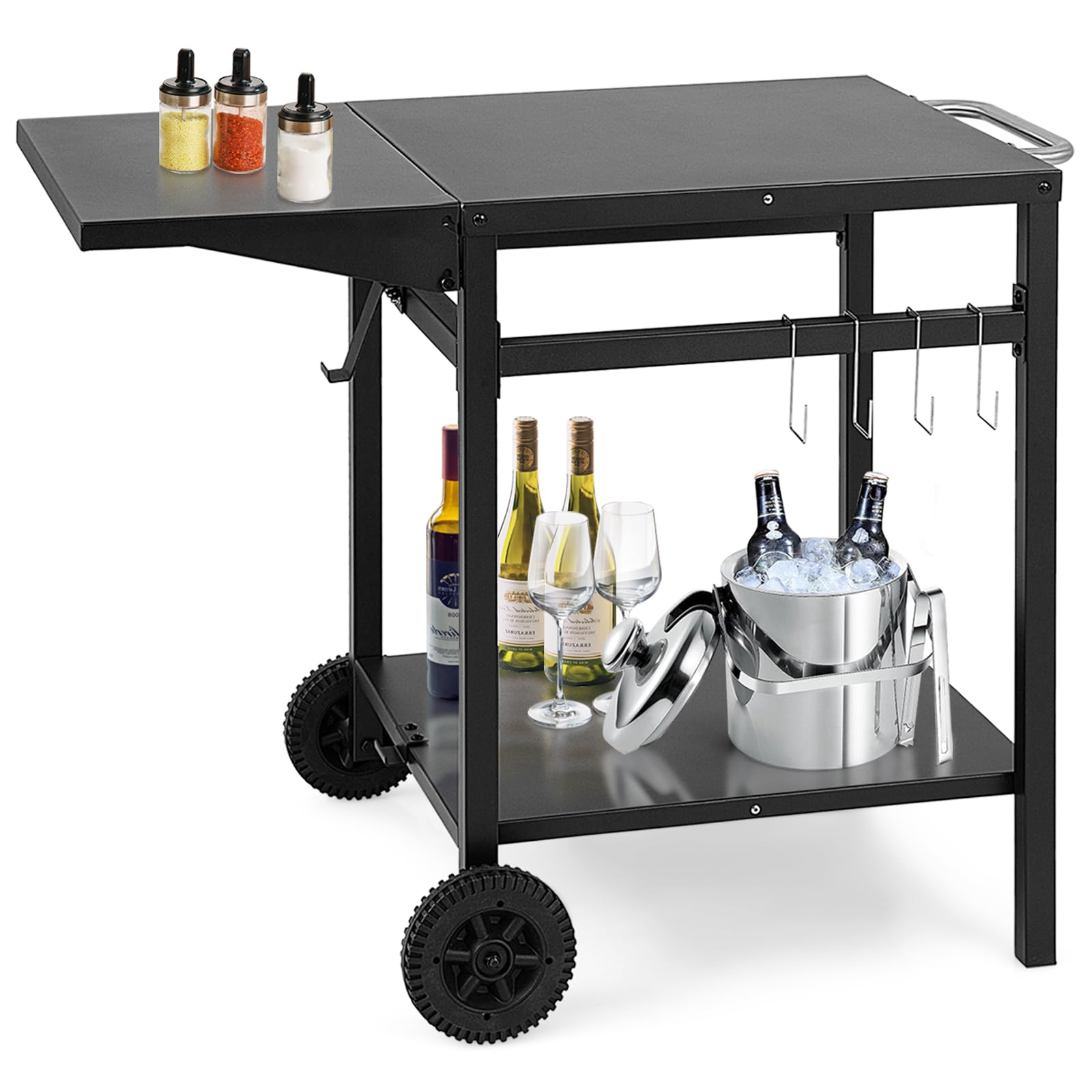 SPOTRAVEL Outdoor Grill Cart, Movable BBQ Grill Dinging Cart Food Prep Table, Portable Pizza Oven Serving Trolley for Garden Backyard Patio (with Foldable Side Table, 95 x 55 x 75cm)