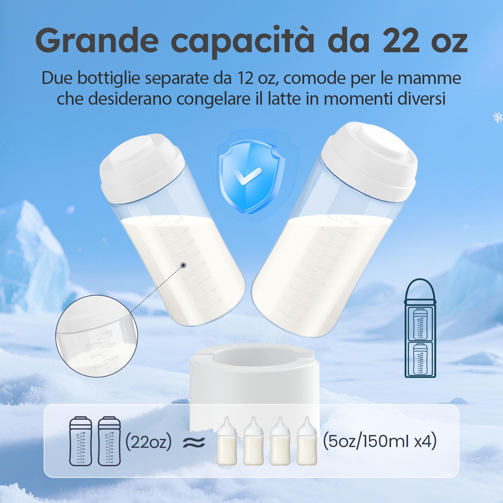 Raffreddatore per latte materno per lavoro e viaggi, raffreddamento a 360° mantiene il latte fresco per 24 ore, con 2 biberon per conservare latte materno, utensili per l'allattamento
