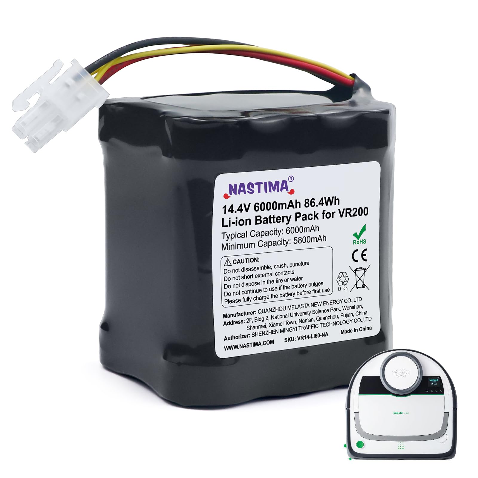 NASTIMA 14,4V 6000mAh Li-Ion Akku Kompatibel mit Vorwerk Kobold VR200, Art.-Nr. 20884-1, Staubsauger-Akku mit BMS