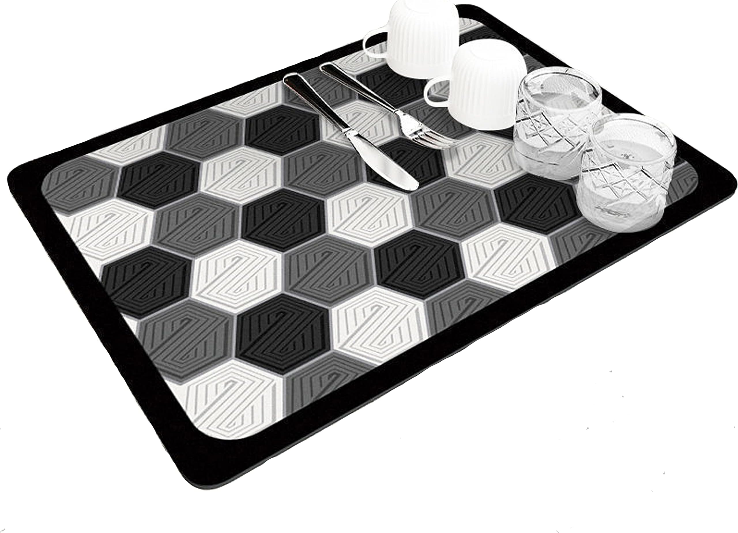 Dish Drying Mat for Kitchen Absorbent Diatomaceous Earth Draining Mat Kitchen Drain Mat Gray and White Hexagonal Plaid 30X40CM
