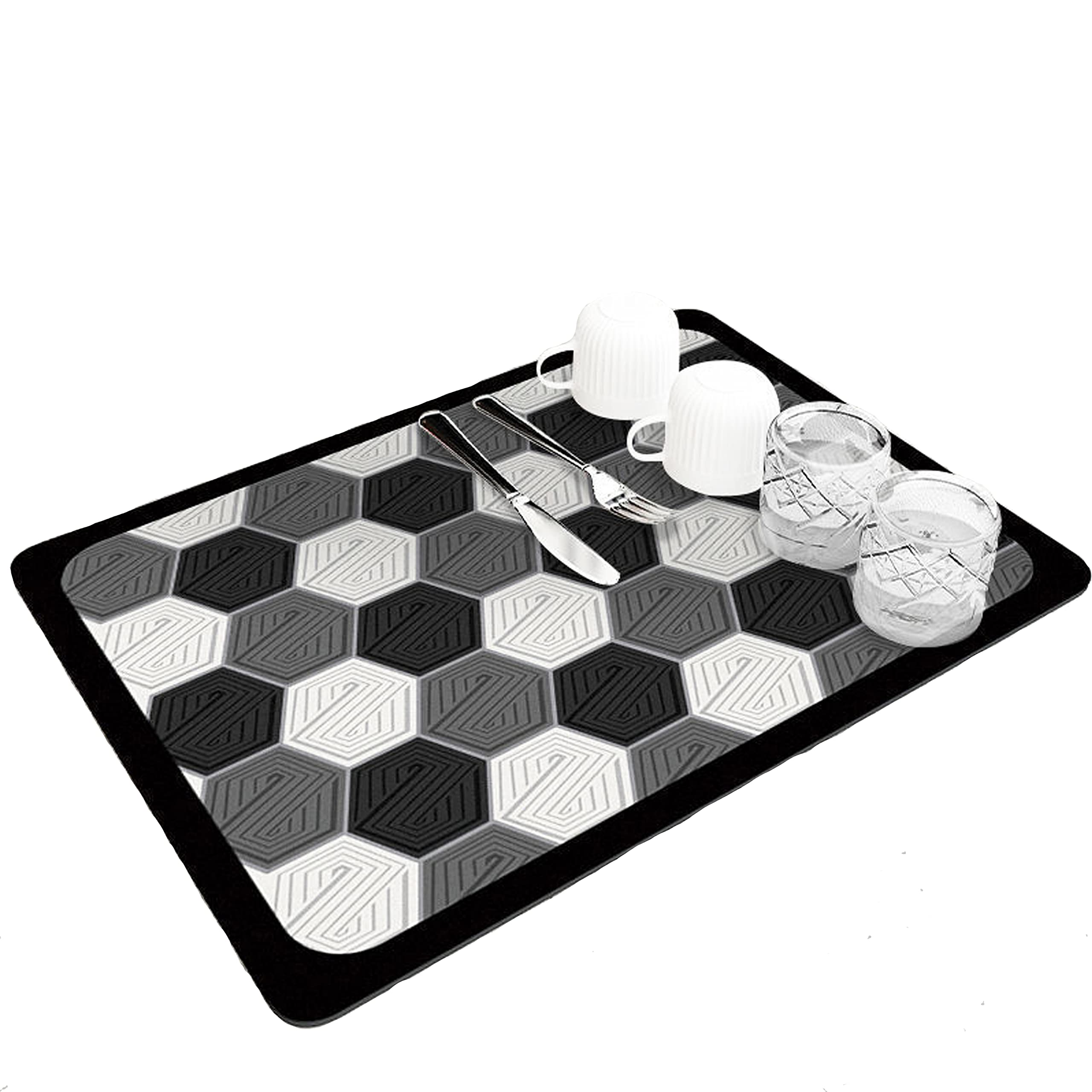 Dish Drying Mat for Kitchen Absorbent Diatomaceous Earth Draining Mat Kitchen Drain Mat Gray and White Hexagonal Plaid 30X40CM