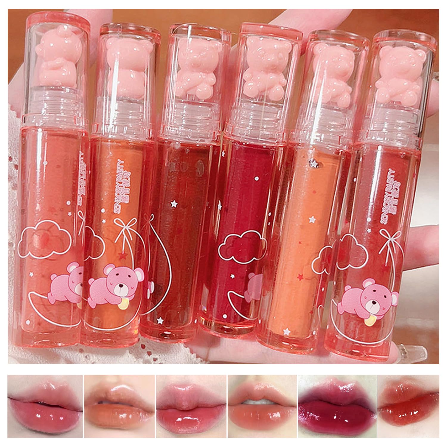 Yasovigi 6pcs Jelly Lip Gloss Bear Lip Stain Moisturizing Watery Lipstick Waterproof Long…