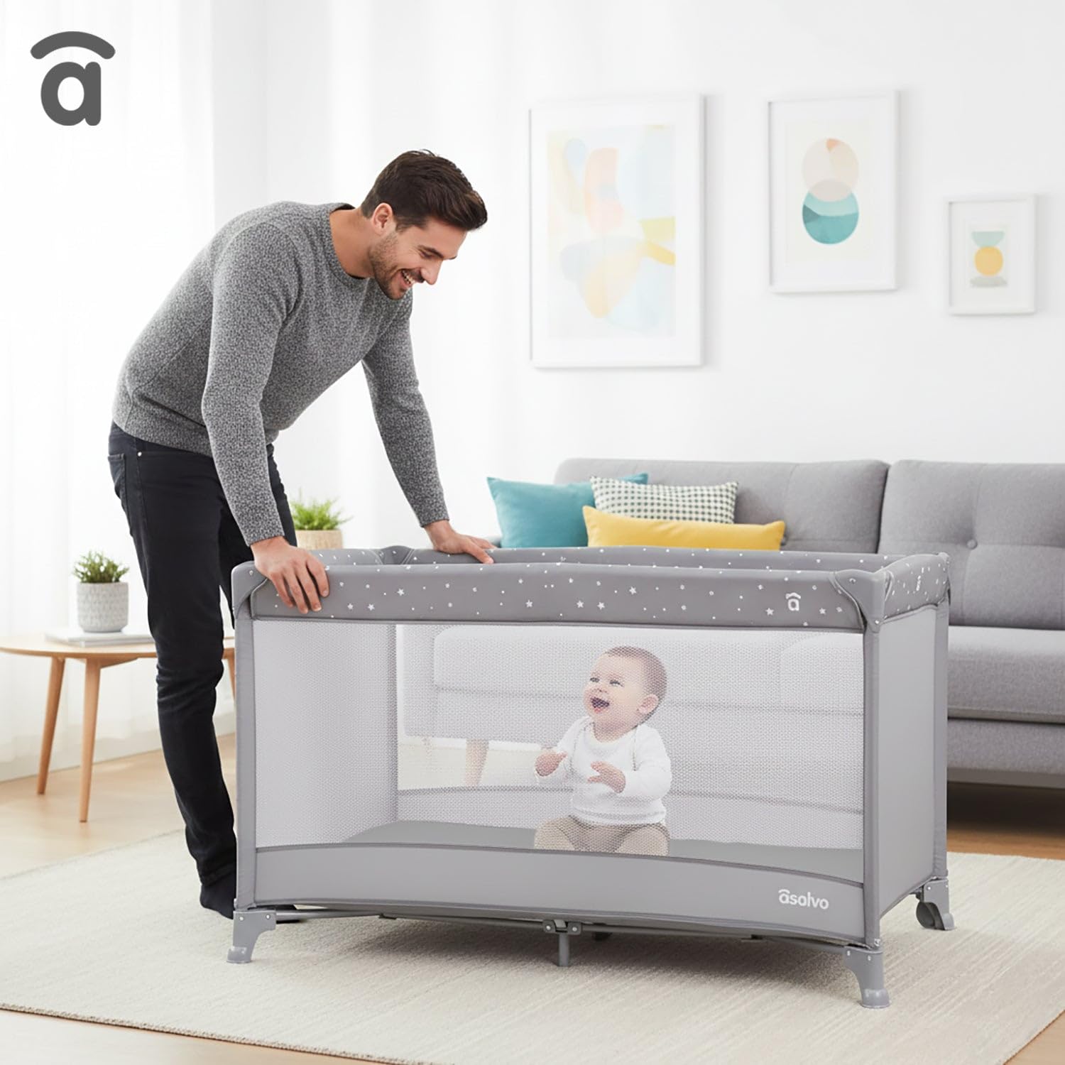 Asalvo Cuna de Viaje Bebé Plegable 0-3 Años (15 kg) | Cuna Portátil con Colchón, Bolsa y Ruedas con Freno | Parque Infantil Compacto Fácil de Transportar | Baleares (Gris)