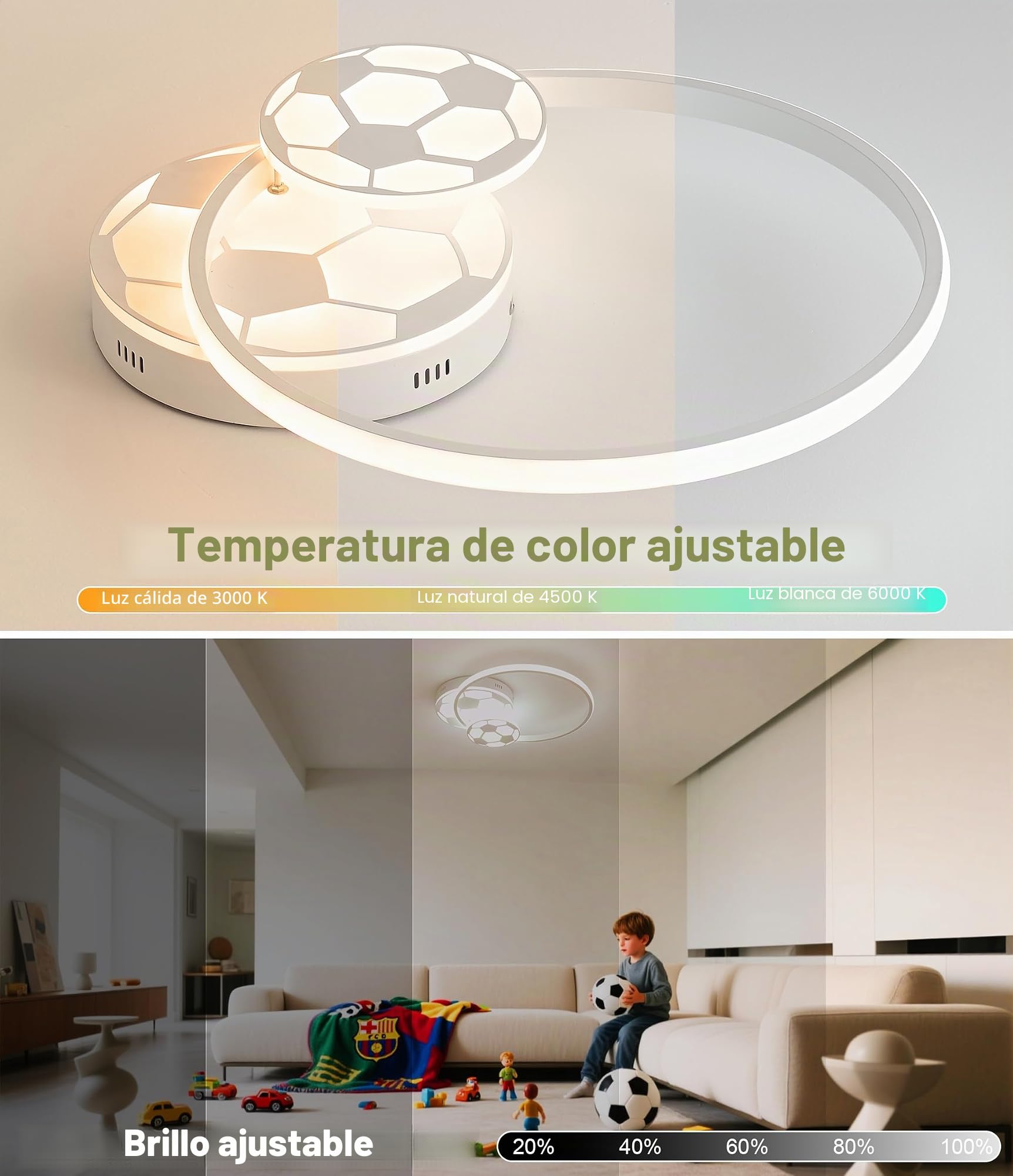 35CM 34W Lampara Infantil Techo, Lámpara de techo Fútbol LED Regulable con Control Remoto 3000-6000K, Lámpara LED para habitacion de bebé Plafon Led Techo para Dormitorio