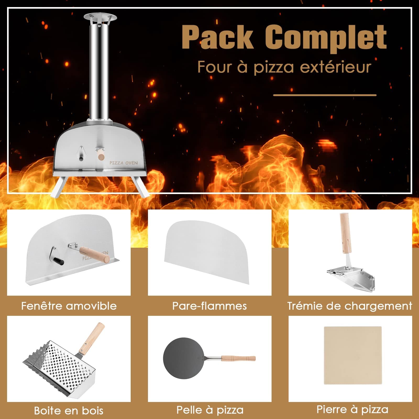 GYMAX Four à Pizza à Bois ou à Pellet Extérieur, Thermomètre, 450 ℃, Pierre à Pizza φ33CM