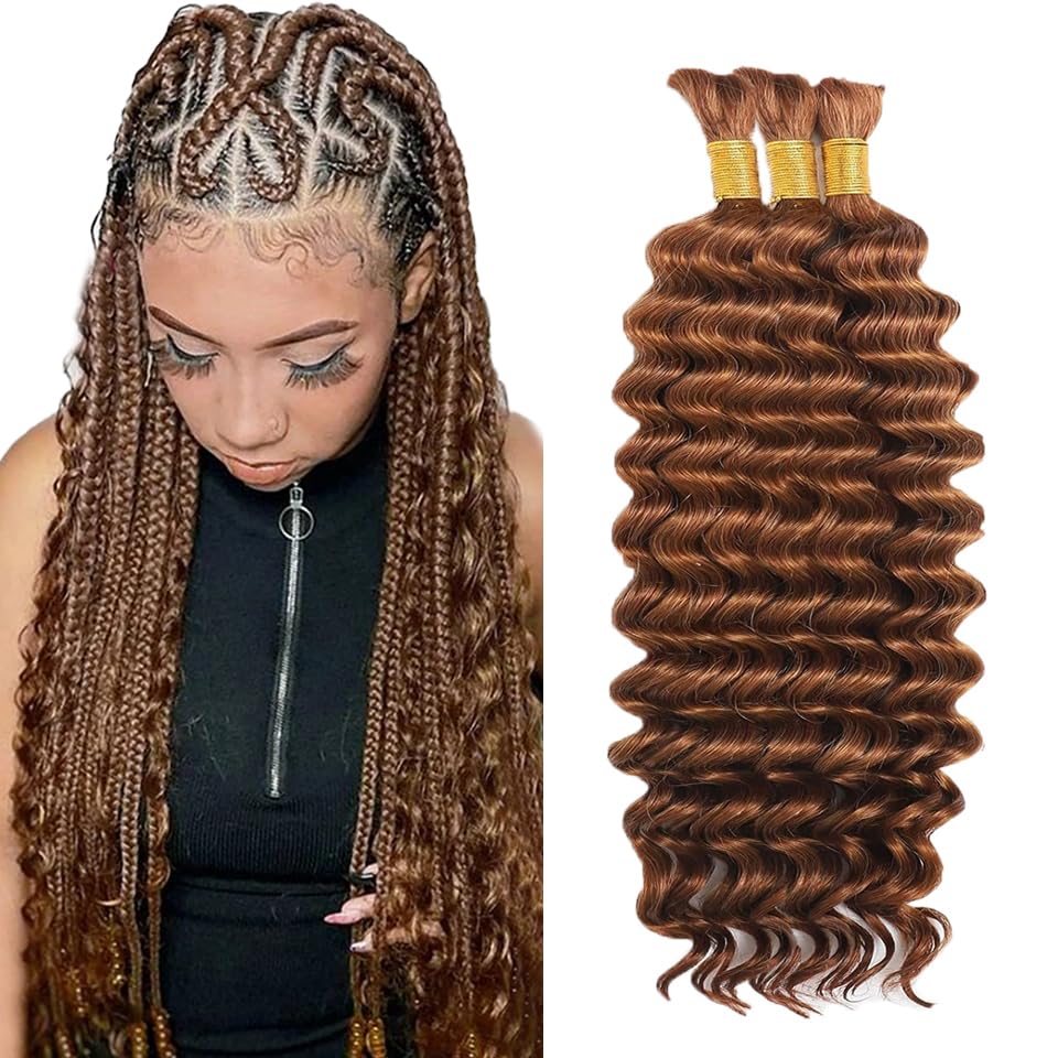#30 Braiding Hair Deep Wave Bulk Color 30 Human Hair Boho Braiding Hair 12 12 12 Inch Light Brown Boho Hair for Braiding Curly Braids Extensions