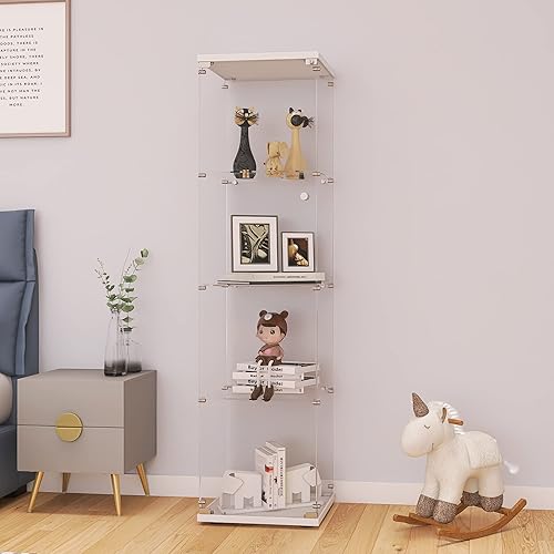 LFT HUIMEI2Y Glass Display Cabinet 4-Shelf with Door and Lock, Curio Cabinets Upgraded Quick-Install Style Tempered Glass Floor Standing Bookshelf for Bedroom, Living Room 65”x 17”x 14” White
