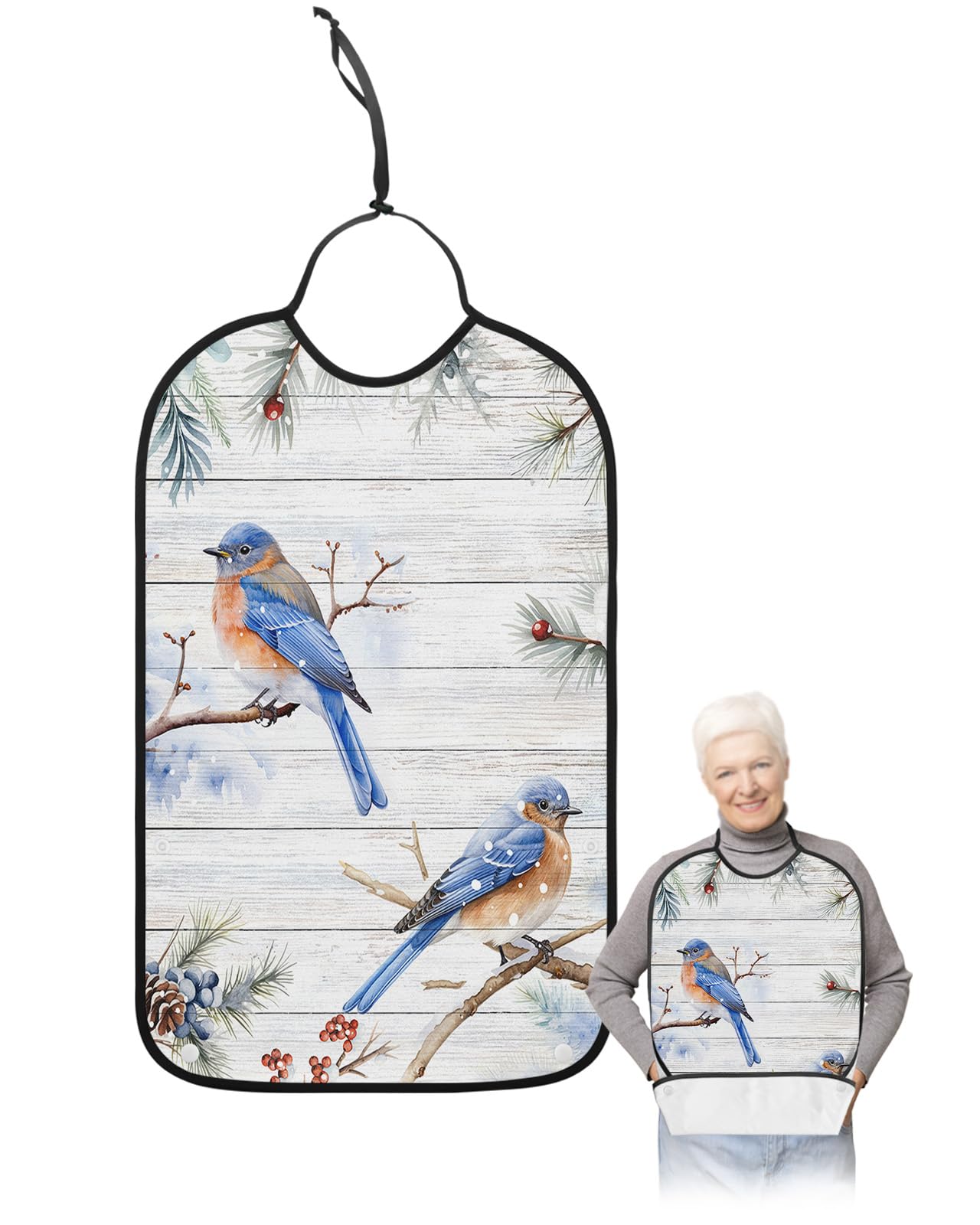 LEOKOTI Blue Birds Christmas Adult Bibs for Eating, Waterproof Bibs with Food Catcher & Snap Closure, Xmas Pine Cones Berry Snowflake Vintage Washable Clothing Protectors Adult Bibs for Elderly