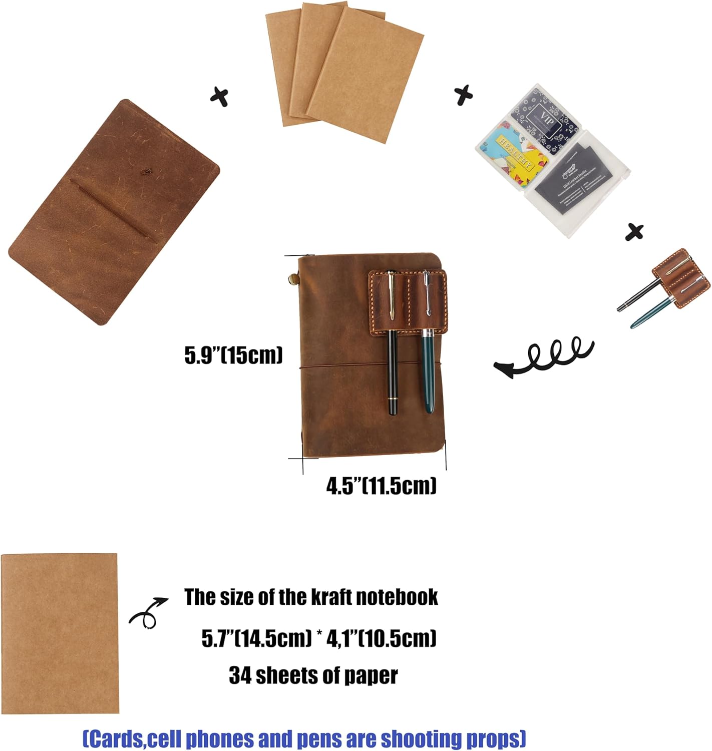 Handmade Leather Refillable A6 Travelers Notebook Cover, A6 Leather Journal with 3 Inserts and Card Slots and Pen Holder