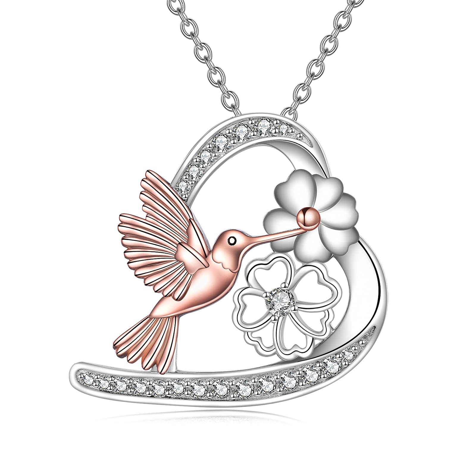 POPKIMI Sterling Silver Hummingbird Necklace Gifts for Women Hummingbird Pendant with Flowers Bird Necklace Animal Jewelry Gifts