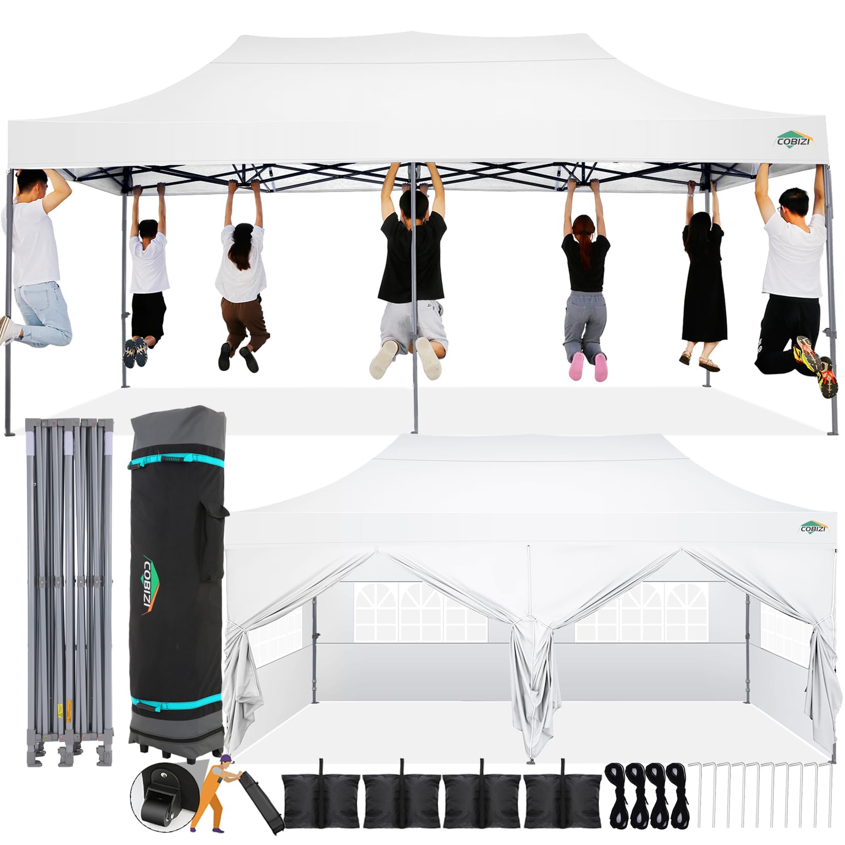 COBIZI Gazebo pieghevole 3x6 impermeabile, tenda da giardino all'aperto con pareti laterali, anti raggi UV, tenda per esterni, spiaggia, terrazza (3x6 m, bianco)