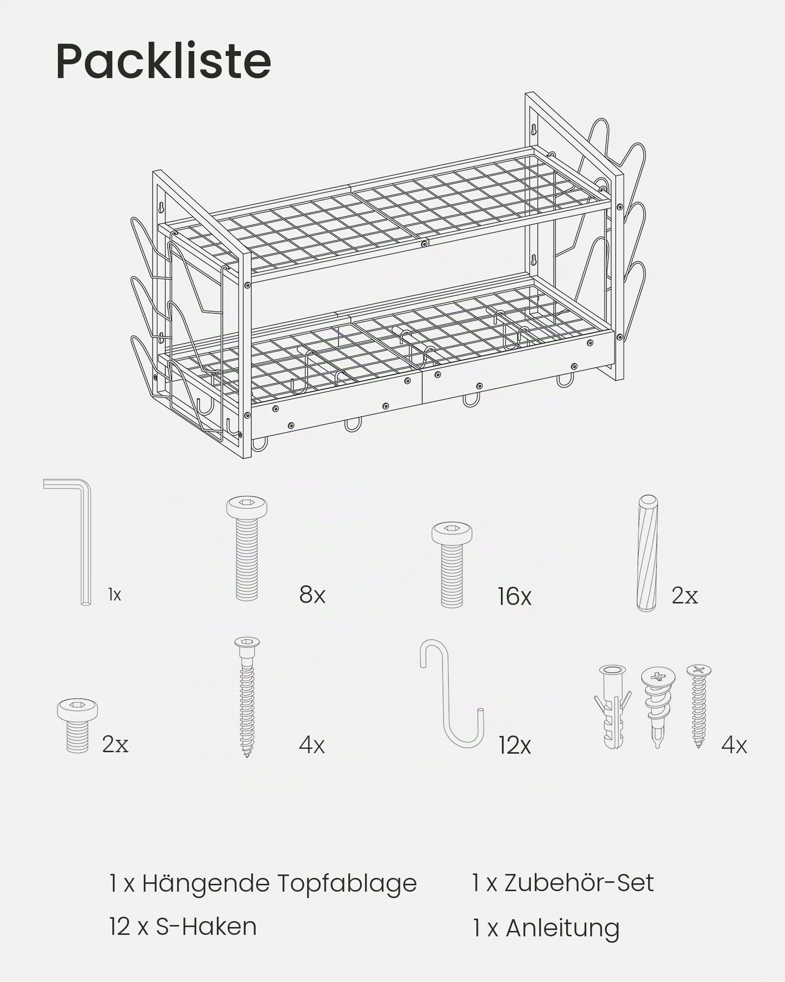 CHOEZON Wandmontiertes Küchenregal, 2-stöckiger Topfdeckelhalter, Topf-Rack, Pfannenhalter, Geschirr- und Küchenutensilienhalter, Küche Wandregal mit 12 Haken, Vintagebraun und Schwarz DTPR02BF