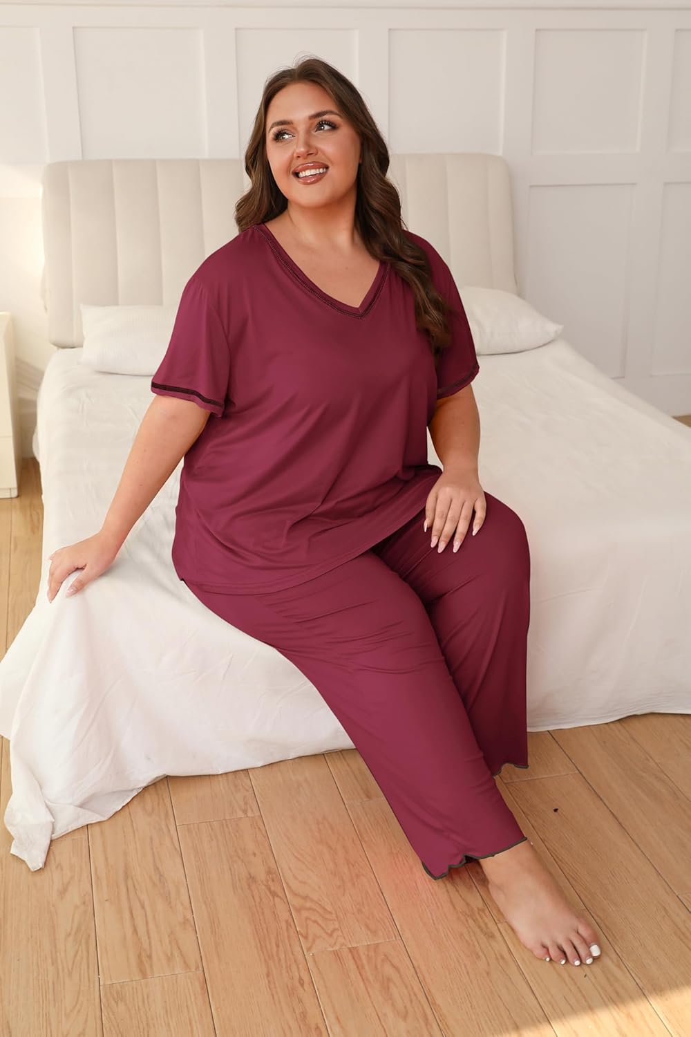Vozanet Women's Plus Size Pajama Sets Short Sleeve Long Pants Solid Color with Piping Trim Elegant Loungewear Cozy Sleepwear - Image 6