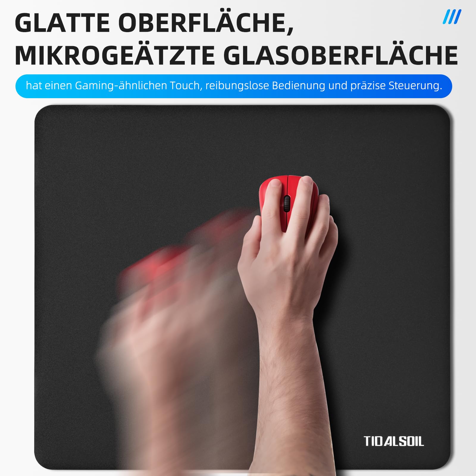 TIDALSOIL Glas Mauspad Gaming, Gehärtetes Glas Mousepad mit Mikrogeätzter Oberfläche, Ultra Smooth & Geräuscharm, Rutschfestes Hard Mouse Pad für FPS & MOBA, Schwarz 45 x 40 cm