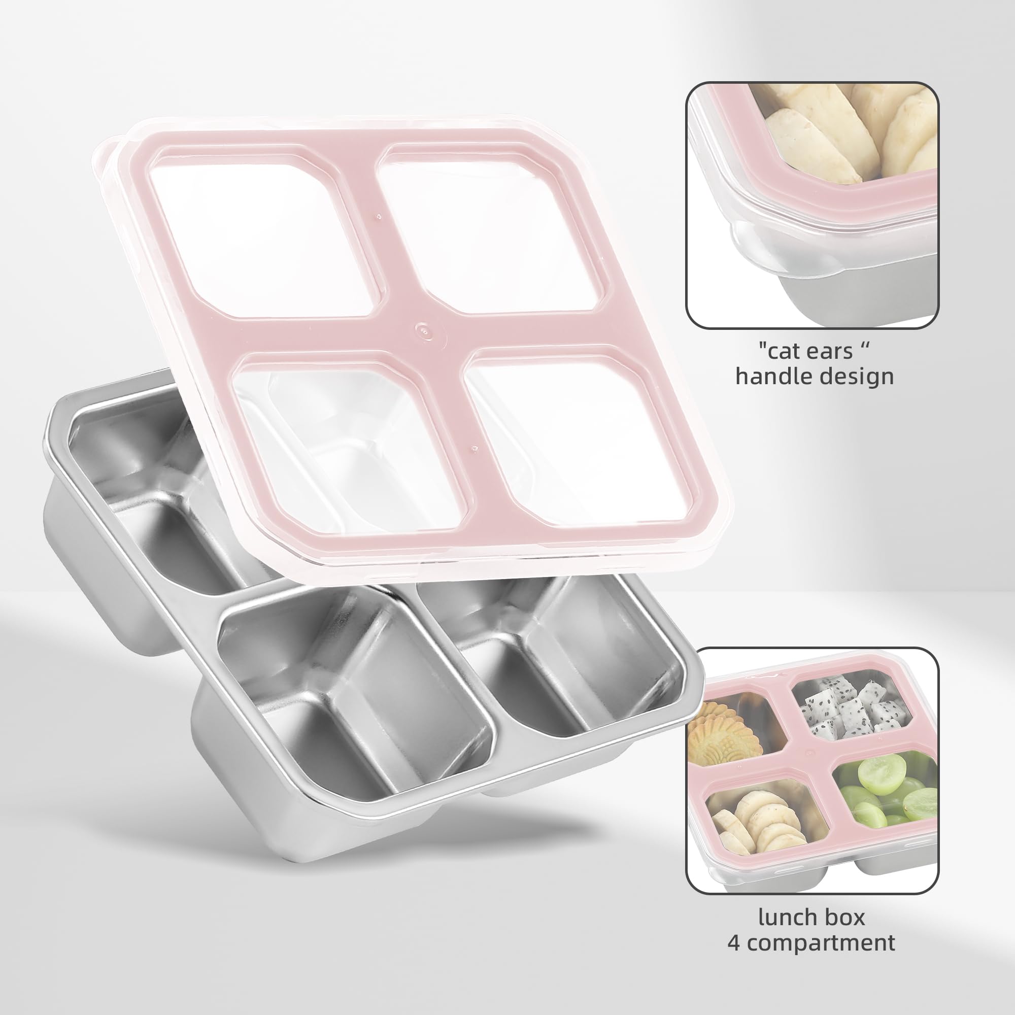 GOEDCH 2 Contenitori Snack In Acciaio Inox 304 Con 3 Scomparti, Bento Ermetico A Prova Di Perdite Per Scuola E Ufficio, 600/700 Ml