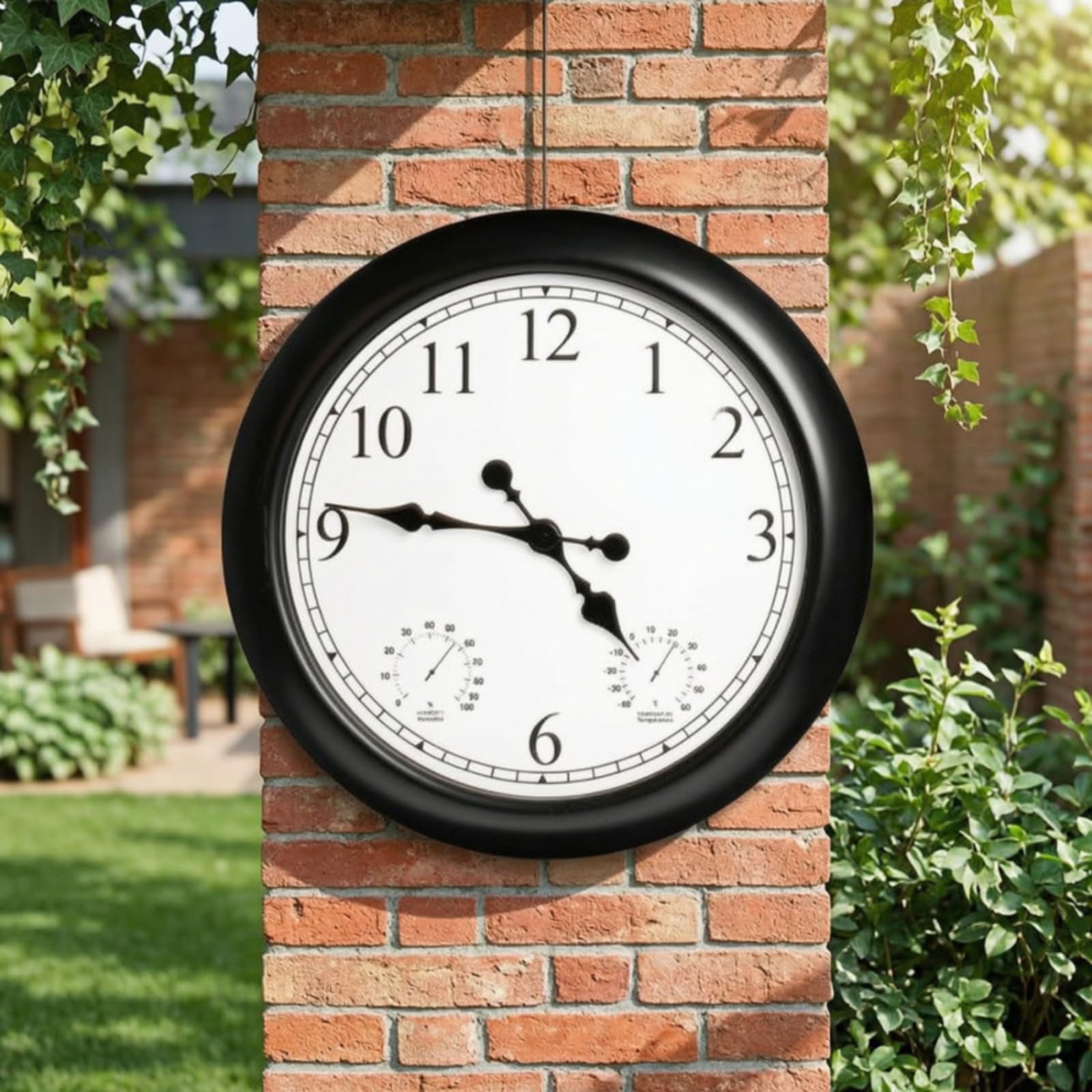 KESOTO Orologio da Parete Esterno Grande con Numeri Lancette Nere Quadrante Bianco Leggibile Termometro E Igrometro Integrati Materiale Plastica E Vetro Adatto a Giardino Balcone Cucina Caffetteria