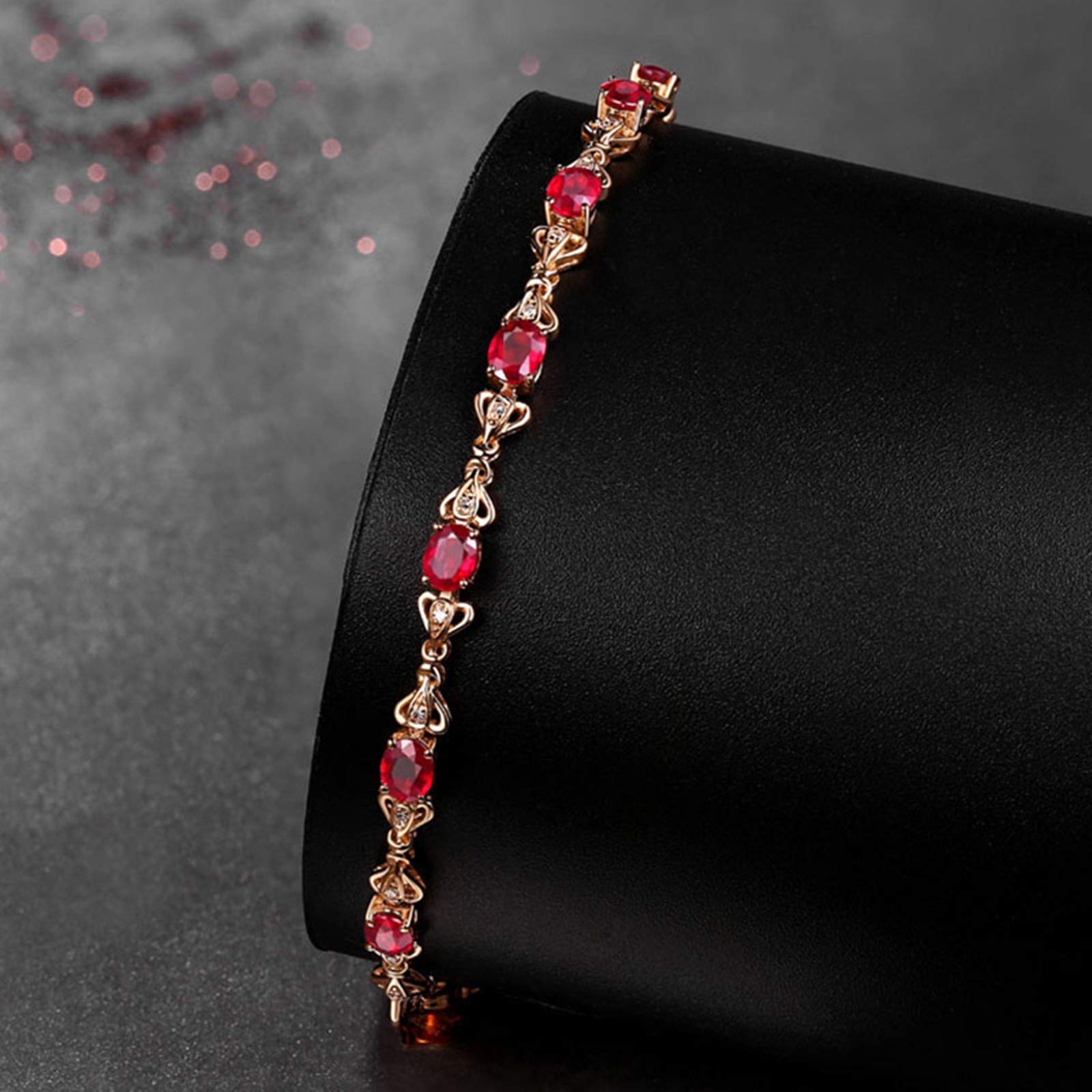 ZH1YFD Pulsera de Cadena de rubíes de Oro Rosa, Pulseras de Mujer con eslabones de Barra y Pulsera de rubí de 2,6 Quilates de 17 CM