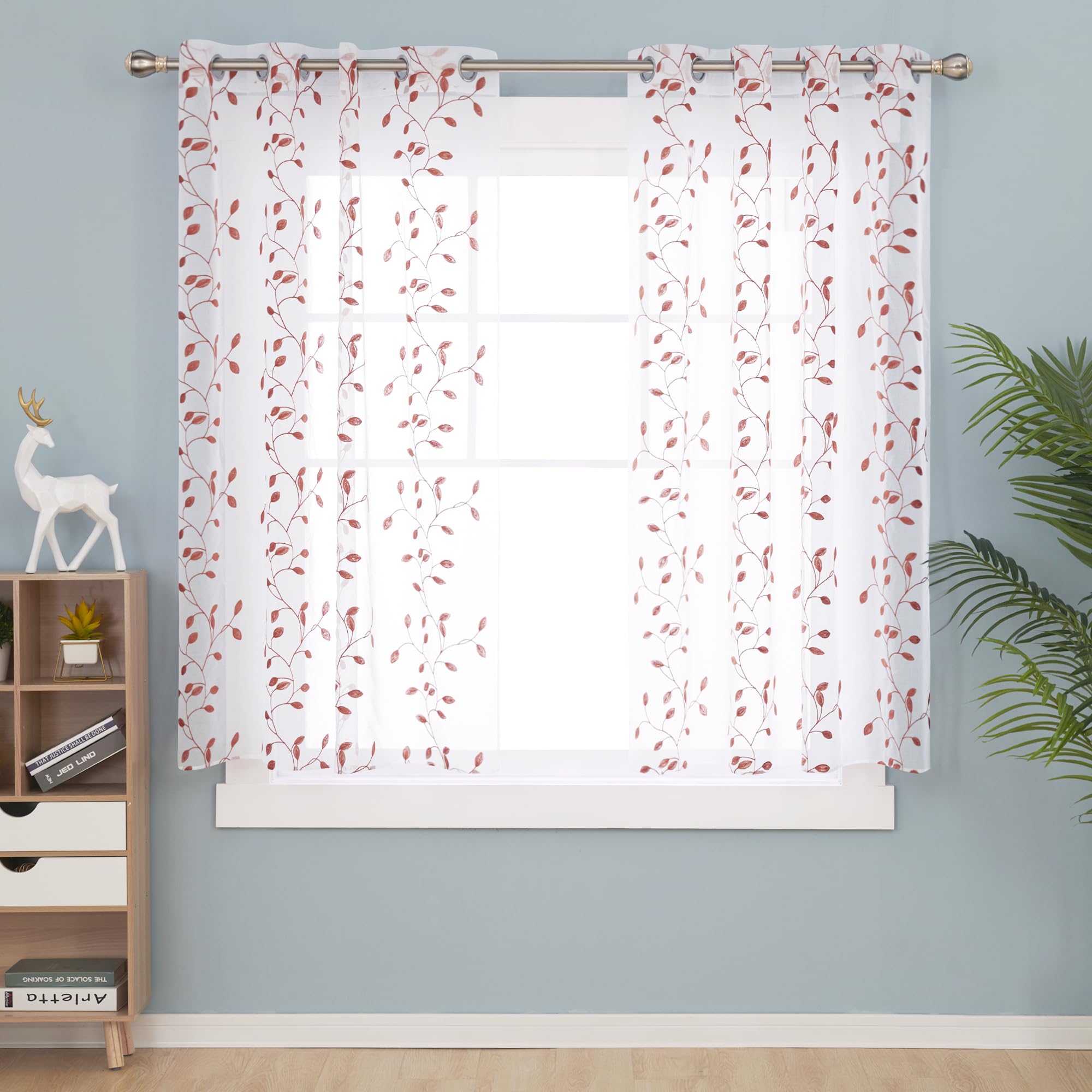 Deconovo Set of 2 Net Curtains for Girls Boys and Children Faux Linen with Eyelets Orange Pattern 140 x 138 cm (L x H)