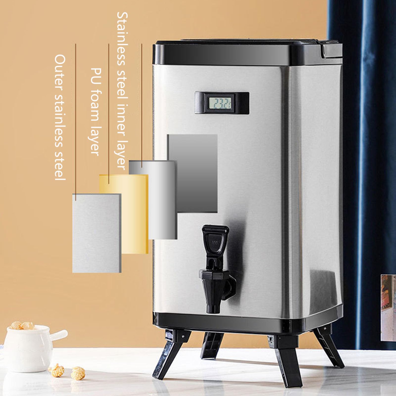 Dispenser termico per bevande in acciaio inossidabile, dispenser per bevande isolate con termometro, dispenser per bevande calde e calde, per tè caldo, caffè, latte freddo, acqua, succo, nero, 6 l