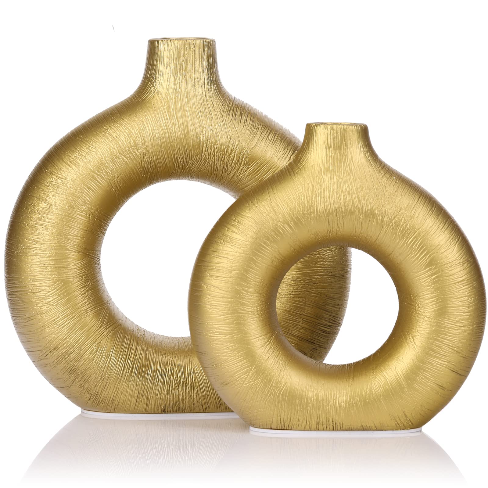 Gold Ceramics Vase for Home Decor,Minimalist Nordic Hollow Donut Vase Set of 2,Modern Boho Decor for Kitchen Table Centerpiece,Living Room,Mantel,Bookshelf,Office,Entryway,Console