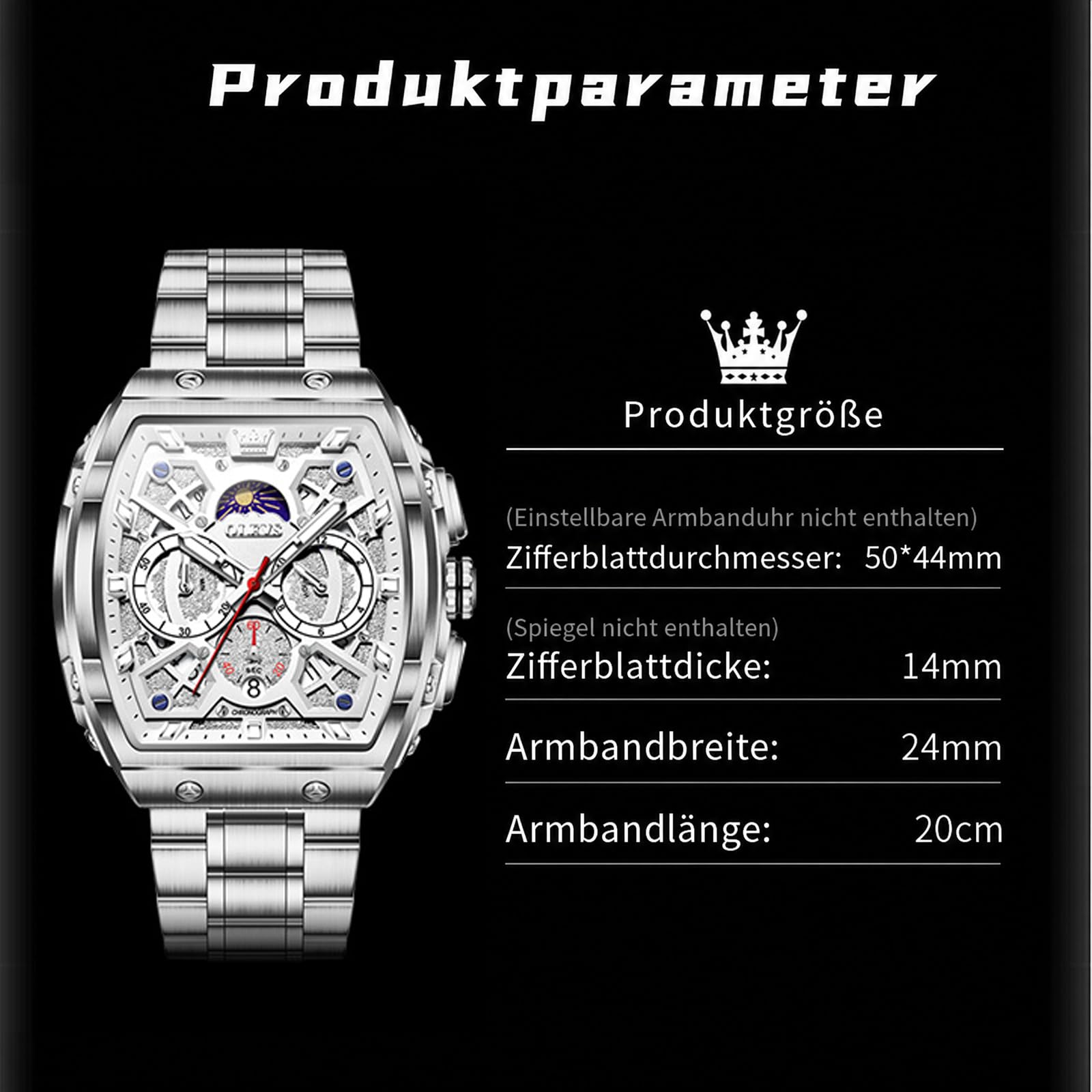 OLEVS Herren Uhr Chronograph Großes Quadrat Edelstahl Quarz Analog | Tonneau Design 44mm großen Zifferblatt Armbanduhr, 30m Wasserdicht, mit Mondphase, Leuchtend, Doppelte Zeitzone