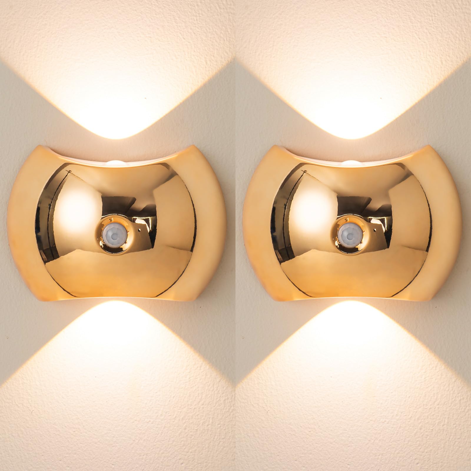 LED Lampada da Parete con Sensore di Movimento Lampada a Muro Dimmerabile 2700K/4500K/6500K Applique da Parete Interno USB Ricaricabile per Corridoio Balcone Soggiorno (Oro,2 Pezzi)