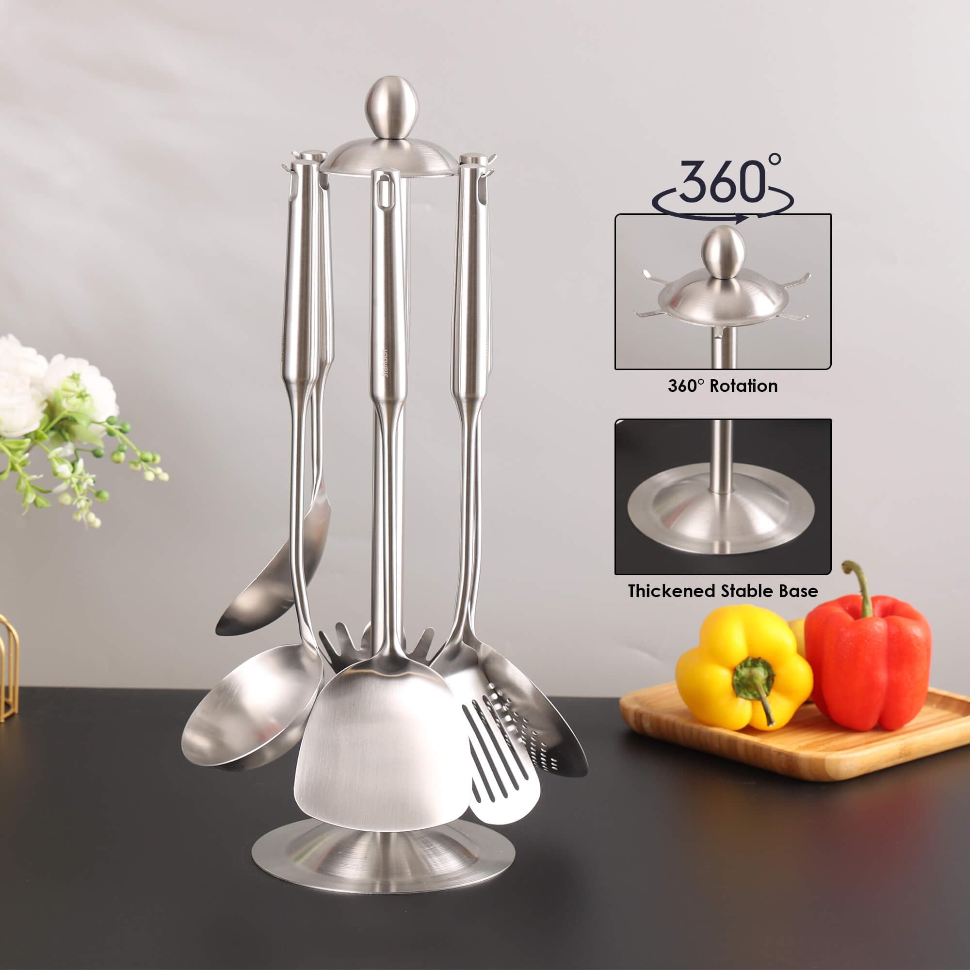 Juego de utensilios de cocina de acero inoxidable 18/10, utensilios de cocina de metal de 15 pulgadas con soporte giratorio para encimera, espátula, cucharón, espumadera, espátula ranurada, pasta,