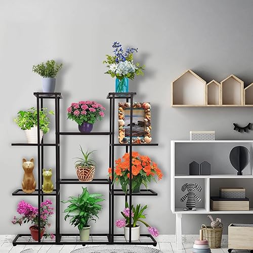 Miniatura 3 de Soporte grande de metal para plantas de 4 niveles y 11 macetas para interiores y exteriores, estante para macetas, color gris carbón