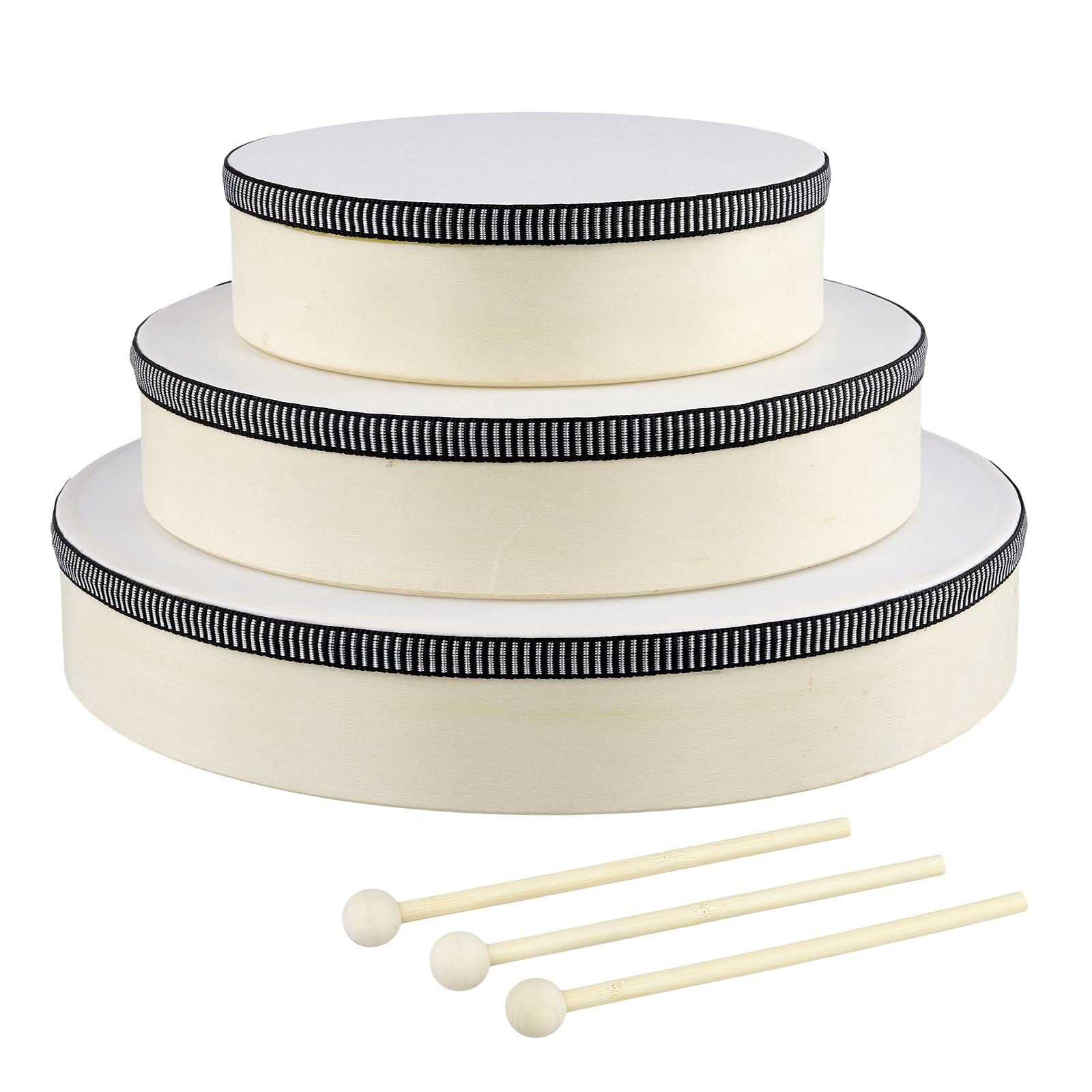 ZOENHOU 3 Stück Handtrommel Set mit Holzschlägeln (15/20/25 cm), Tamburin Rahmentrommel, Holztrommelhöhe 4,5 cm, Percussion-Instrument für Partys, Auftritte und Rhythmusübungen