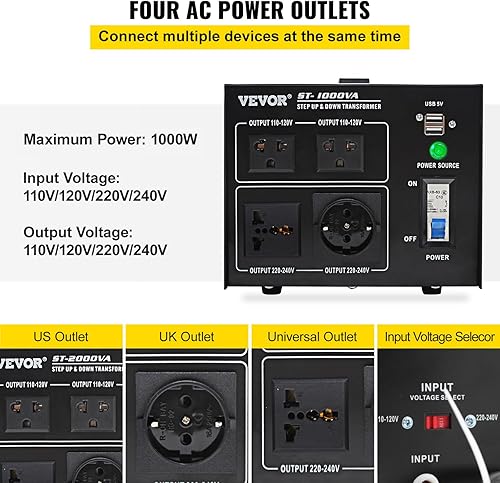 Miniatura 3 de Transformador convertidor de voltaje, convertidor de transformador elevador de alta resistencia de 1000 W (240 V a 110 V, 110 V a 240 V), 2 EE. UU.