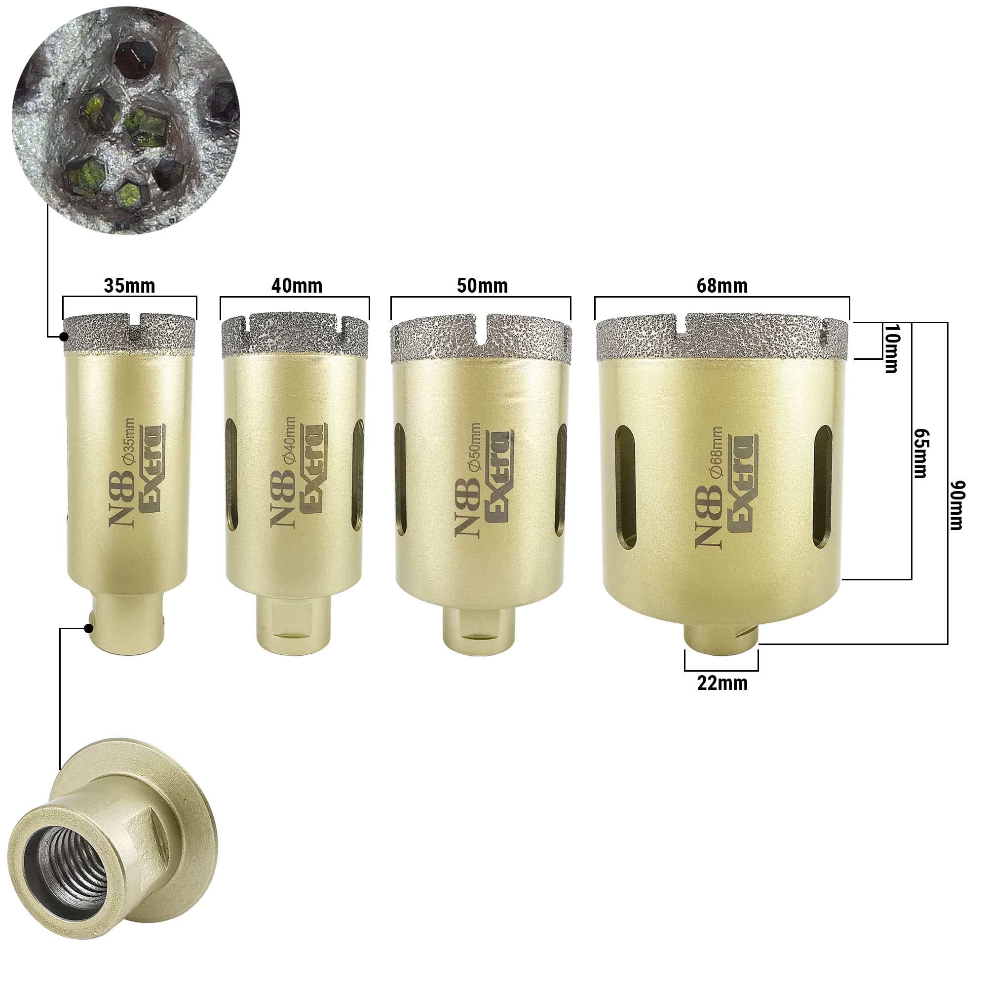 NBB Broca de diamante con M14 corona diamante para taladrar en seco y en húmedo profesionalmente en porcelana dura cerámica baldosas granito mármol azulejo para Amoladora Angular (4, 35/40/50/68mm)