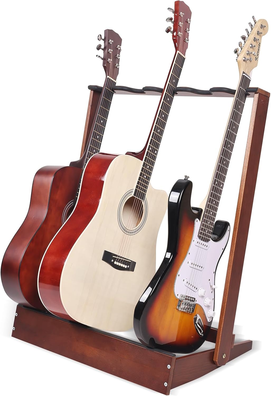 5-Holder Wooden Guitar Stand - Folding Floor Rack for Electric, Acoustic, Bass Guitars & Cases | Hard Beech Wood, Heavy Duty & Stable Display Holder